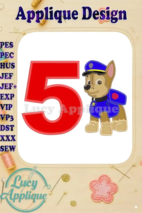 Embroidery design of a red number 5 with Chase from Paw Patrol. Perfect for a 5th birthday, this applique design is easy to customize and embroider.