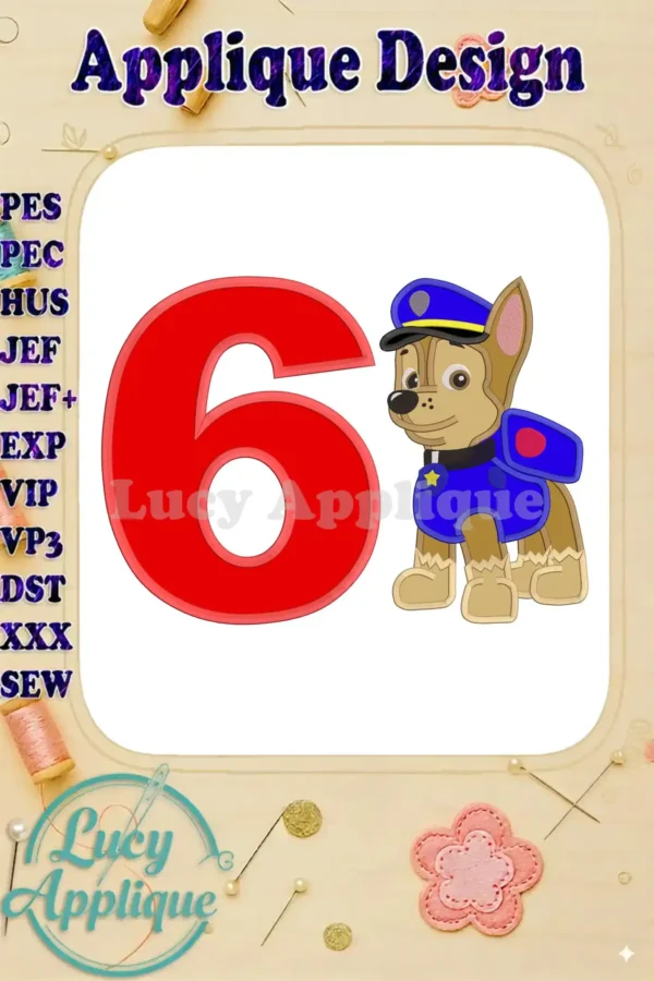 Embroidery design featuring Chase from Paw Patrol, perfect for a 6th birthday. A red number 6 and Chase are stitched together in an applique design.