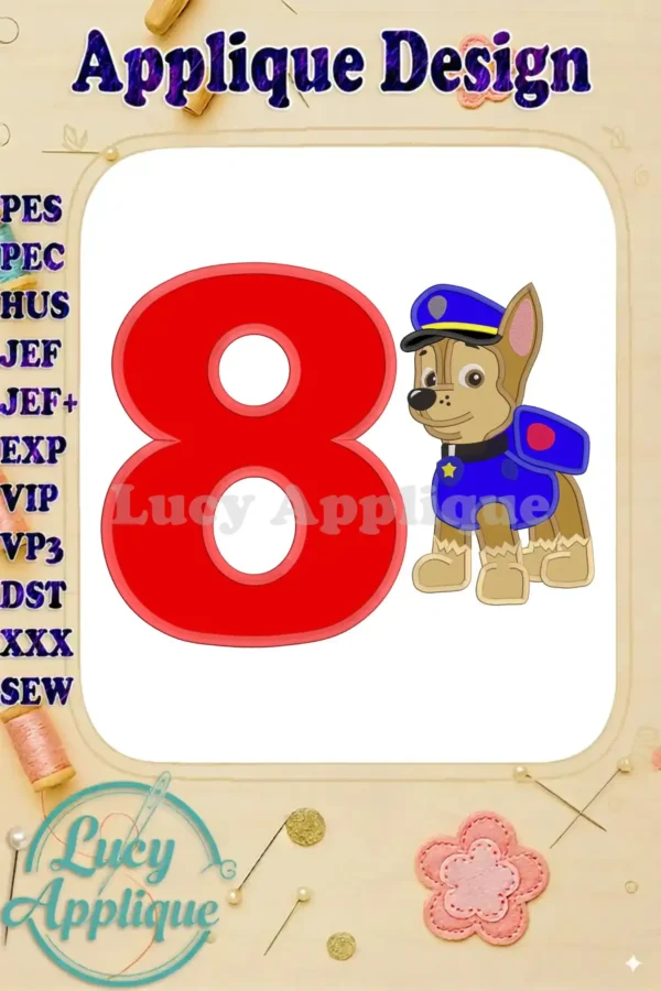Embroidery design of Chase from Paw Patrol as an applique, standing next to a large number 8. Perfect for an 8th birthday celebration.