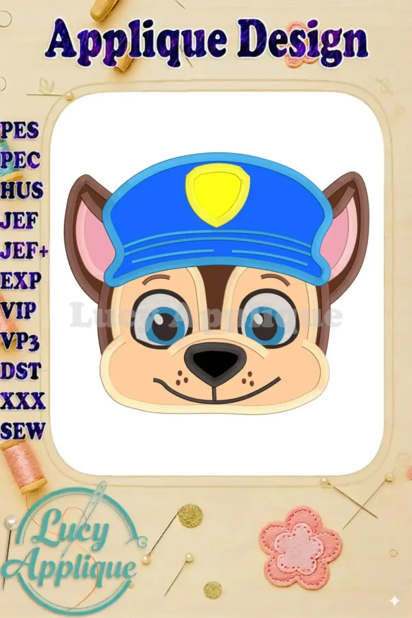 Embroidery design of Chase, from Paw Patrol, wearing his police hat. A charming applique perfect for adding to clothing or accessories.
