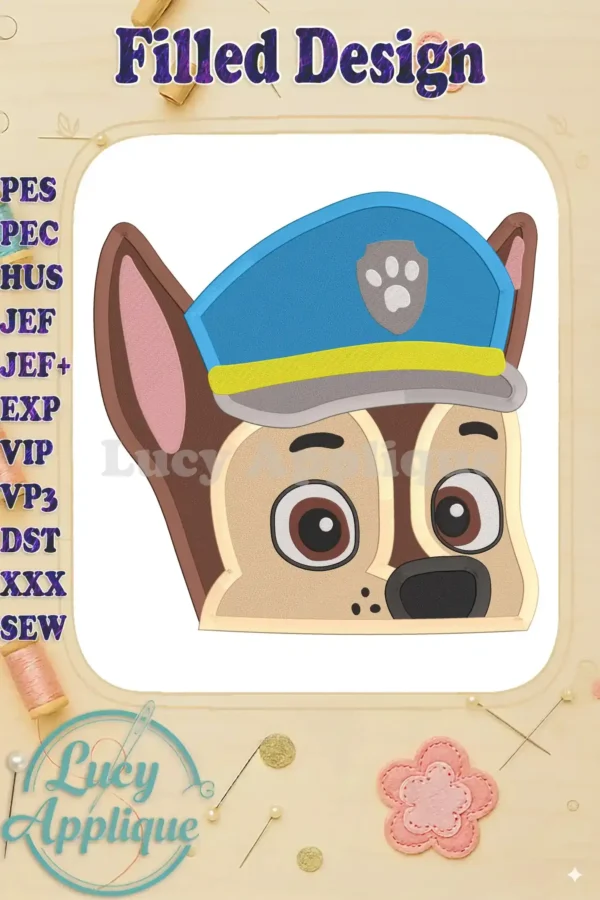 Embroidery design of Chase from Paw Patrol, wearing his police hat. The design is in filled format, perfect for creating a patch or appliqué.