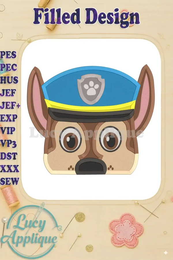Embroidery design of Chase's head from Paw Patrol, shown as a filled design suitable for applique. The image showcases the design's details and stitch quality.