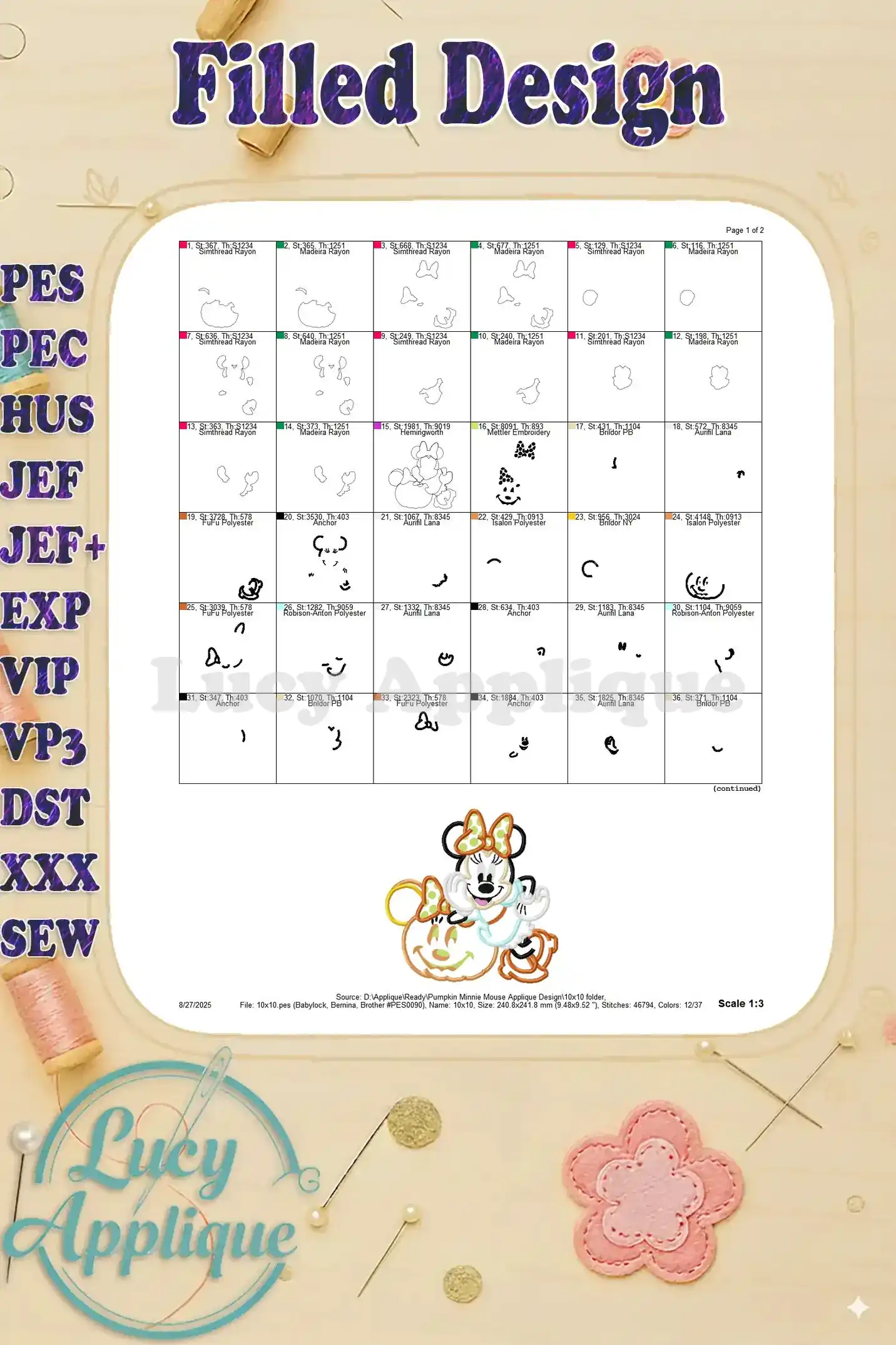 Color film showing step-by-step instructions for stitching the Pumpkin Minnie Mouse applique. Each step is clearly illustrated for easy reference.