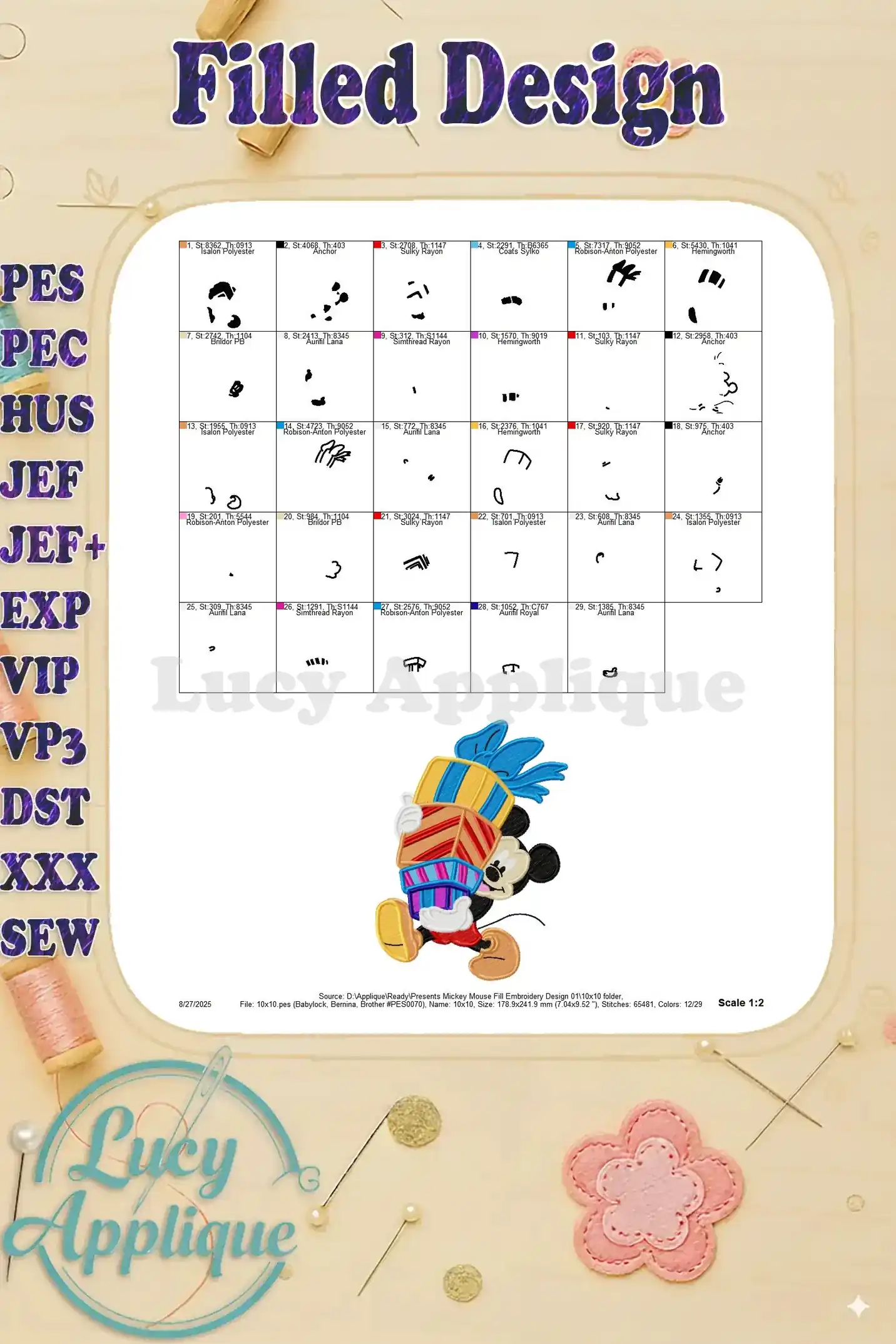 A detailed scale chart showing the thread usage and needle information. It also provides the design size and other essential details.