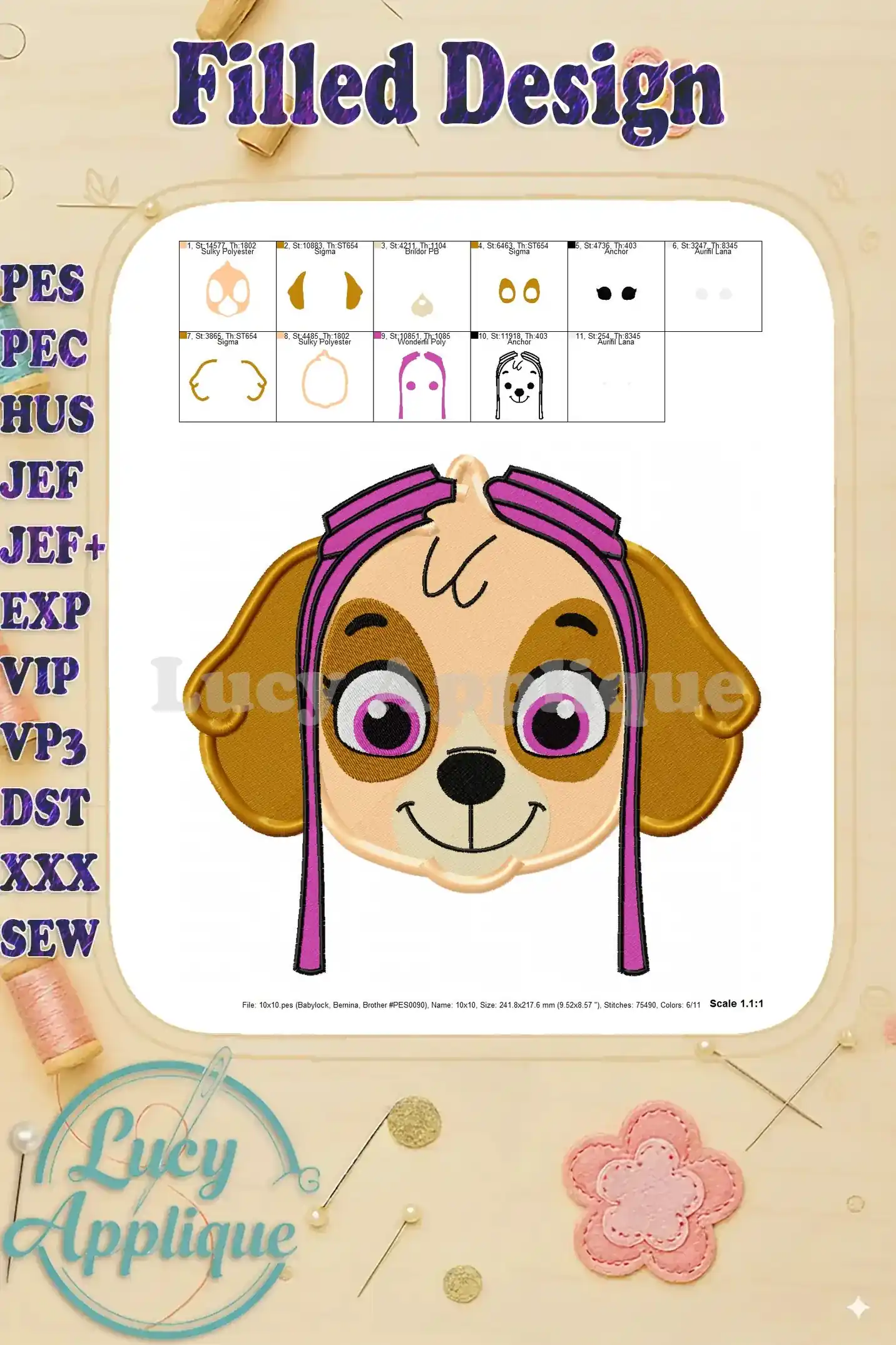 A detailed visual representation showing the different sections of the Skye embroidery design and their corresponding color codes.