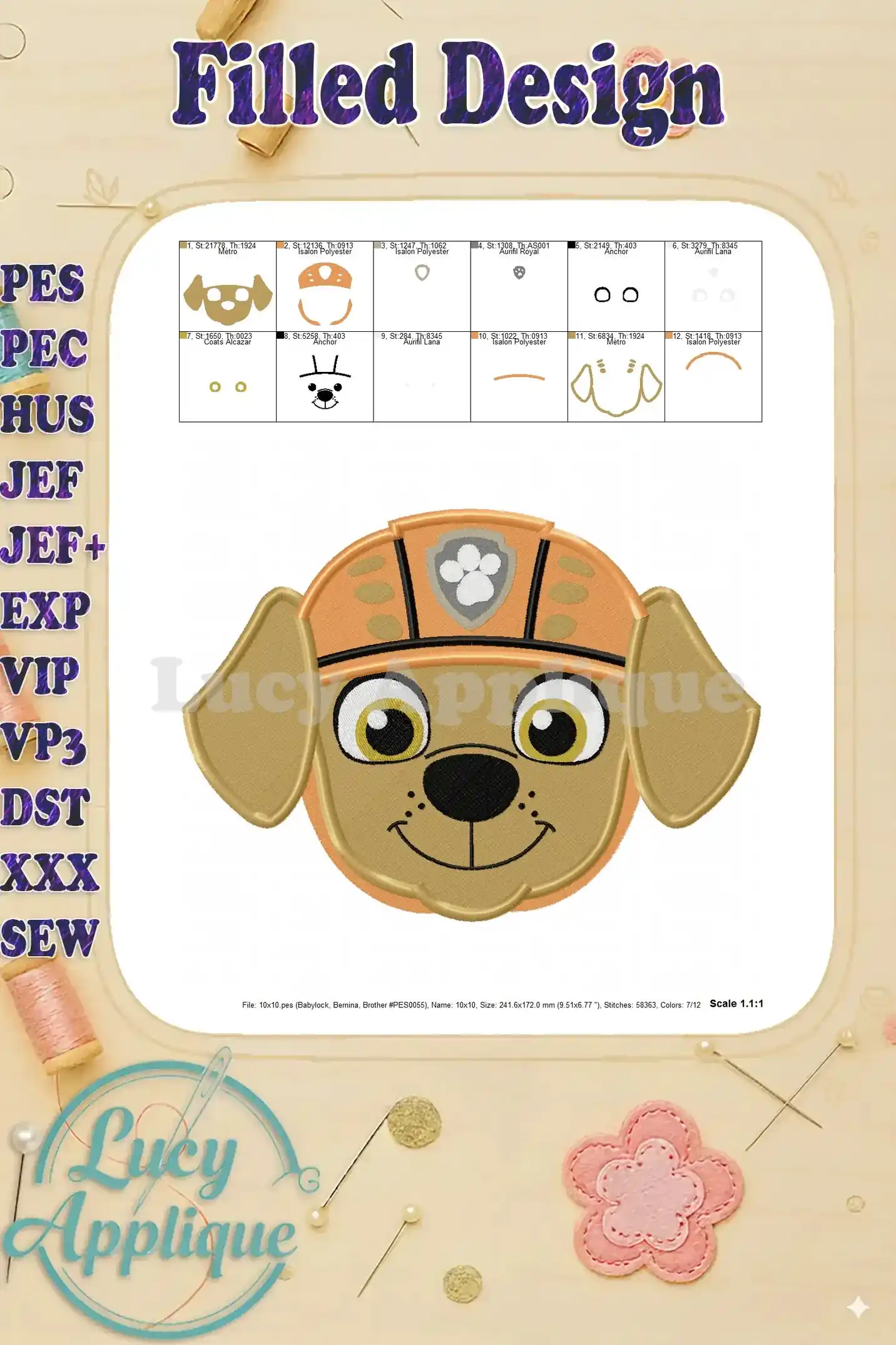 Detailed step-by-step color chart for the Zuma embroidery design, showing the sequence of stitches and the corresponding thread colors and numbers.