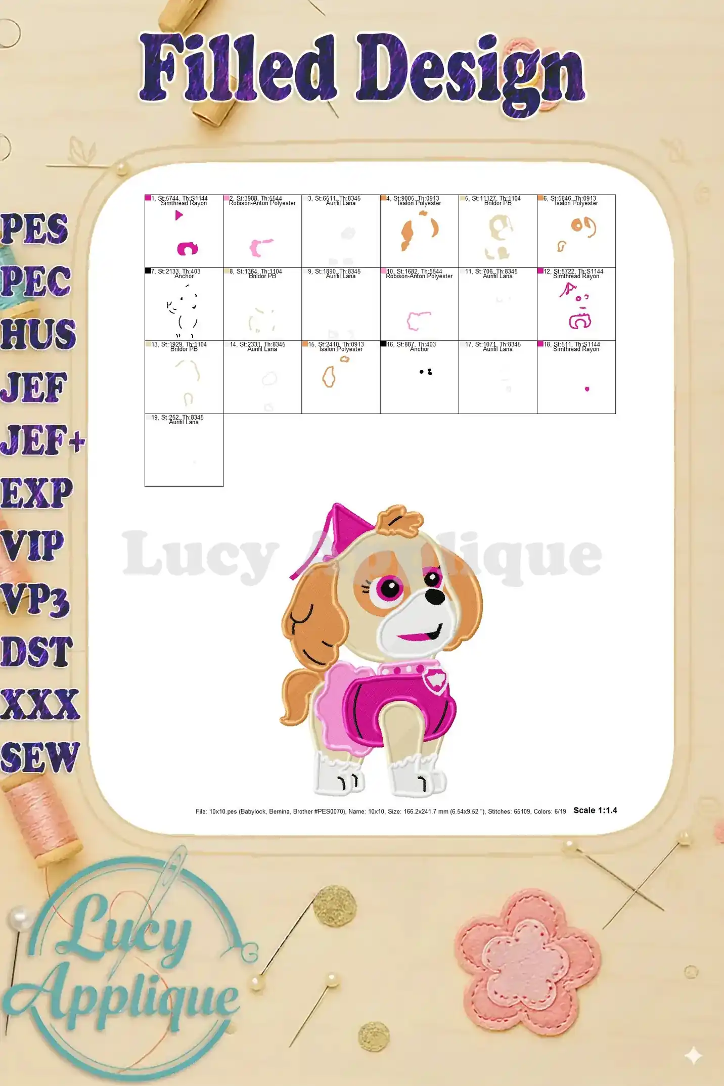 Detailed thread chart and design layout for the Halloween Skye embroidery design, providing a visual guide for the embroidery process.