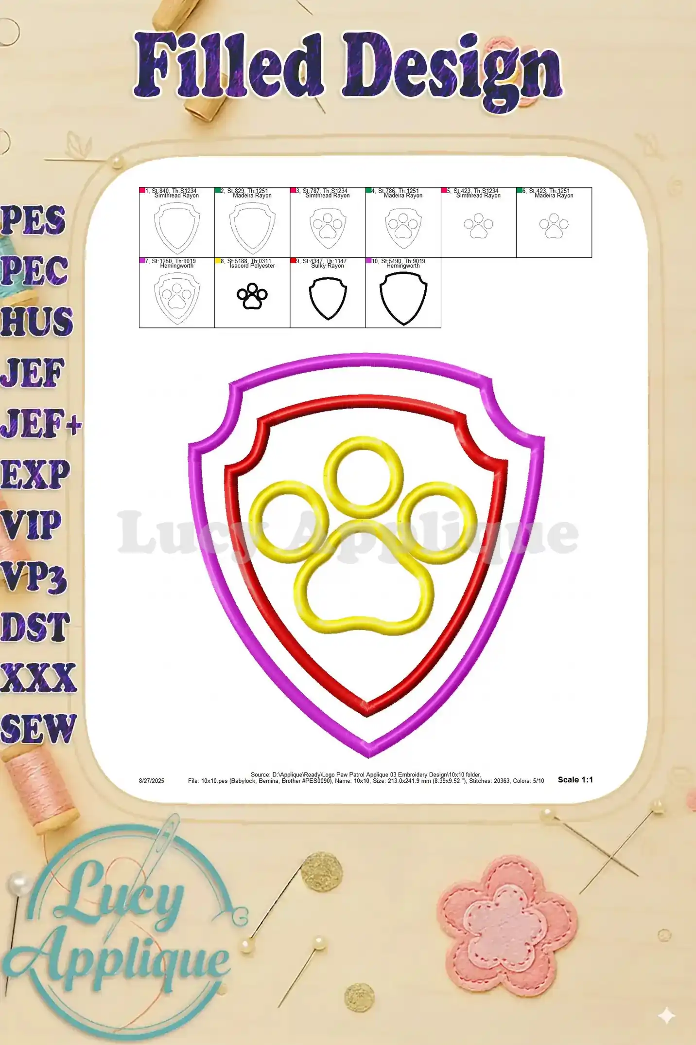 Filled embroidery design of the Paw Patrol logo, showcasing a completed design with multiple colors and stitches.