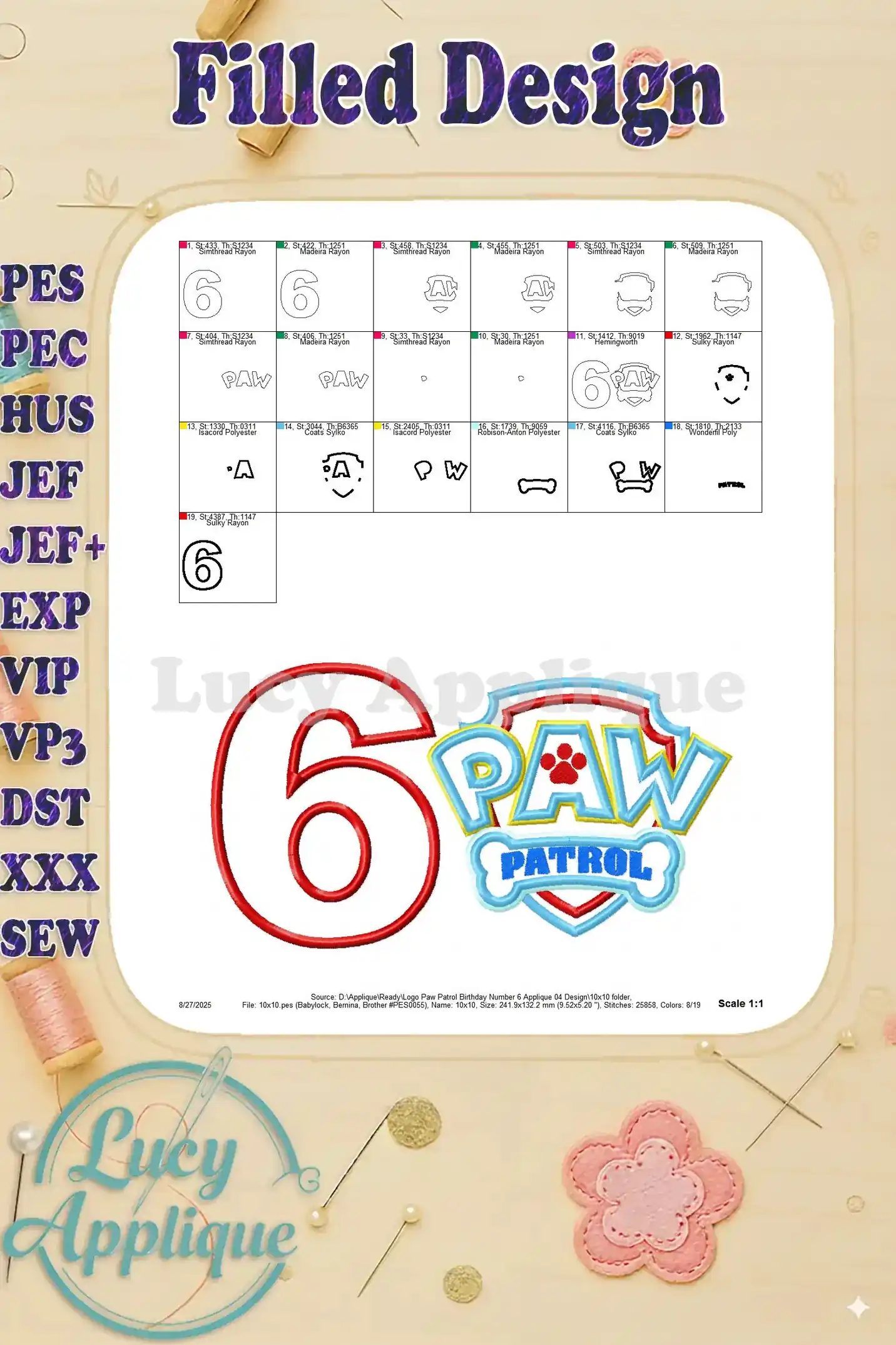 Filled design showing the finished product, combining the number 6 and the Paw Patrol logo. This image displays all the stitching details.