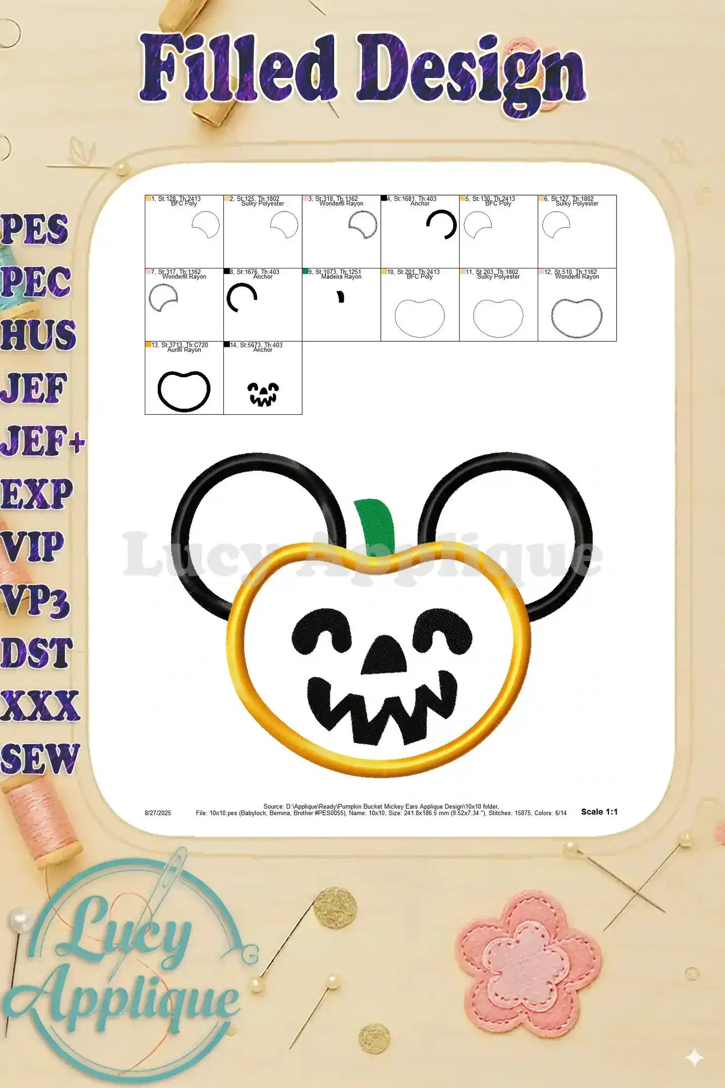 Filled design image of the Mickey Mouse pumpkin bucket applique, showing the final embroidered look with different thread colors. Halloween embroidery.