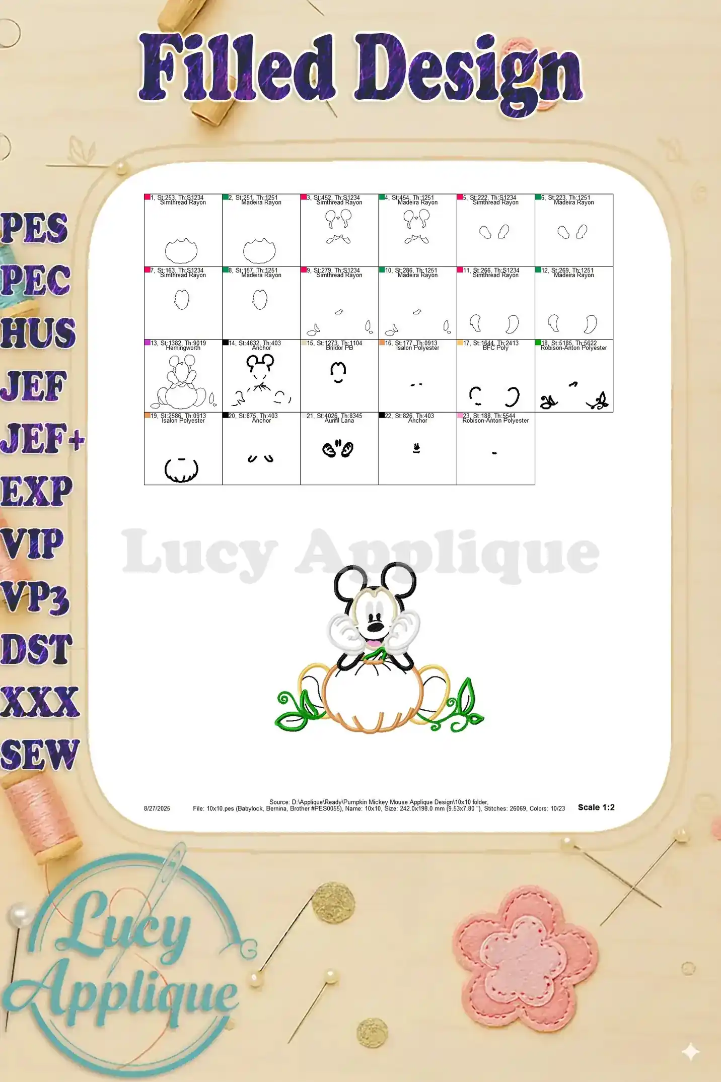 Filled design chart showing all the steps and thread colors needed for the Pumpkin Mickey Mouse applique.
