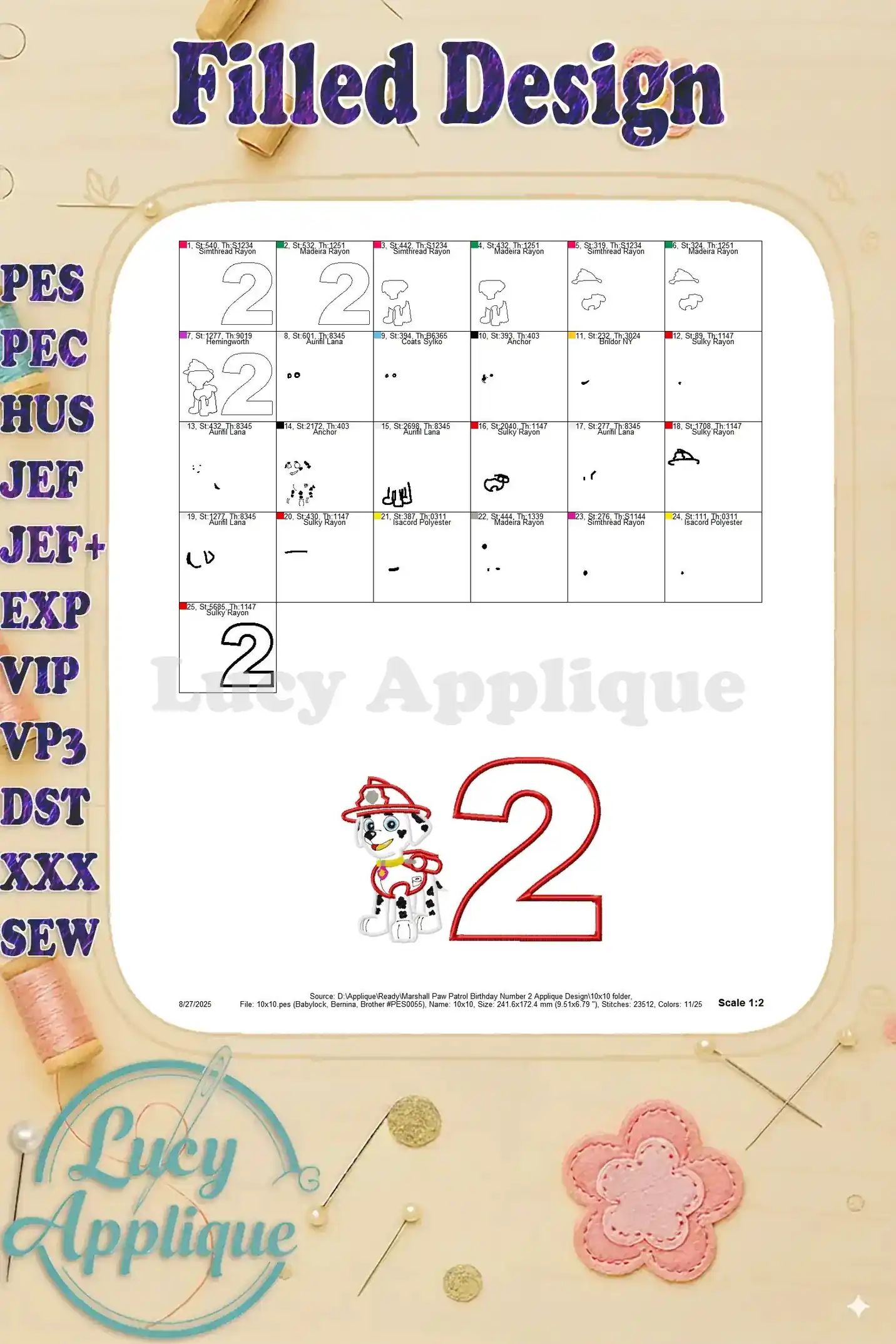 Filled design showing the various color options for the Marshall Paw Patrol birthday applique, with different color thread indications.