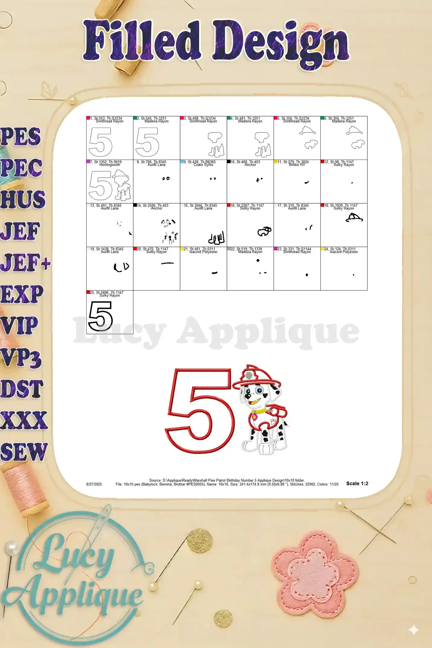 A filled design showing the completed embroidery with color-coded sections and stitch details.