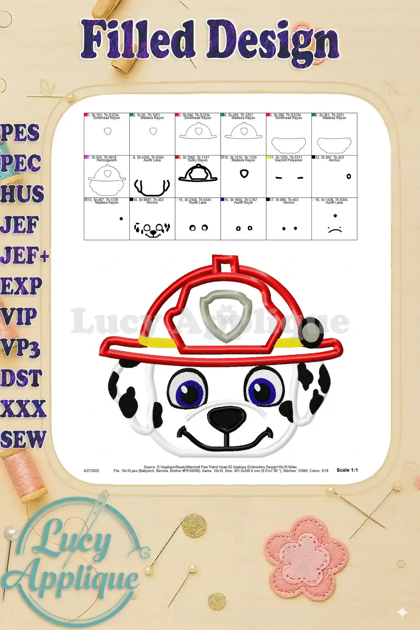 Filled design image for the Marshall Paw Patrol applique, showing the completed design with all colors and details.