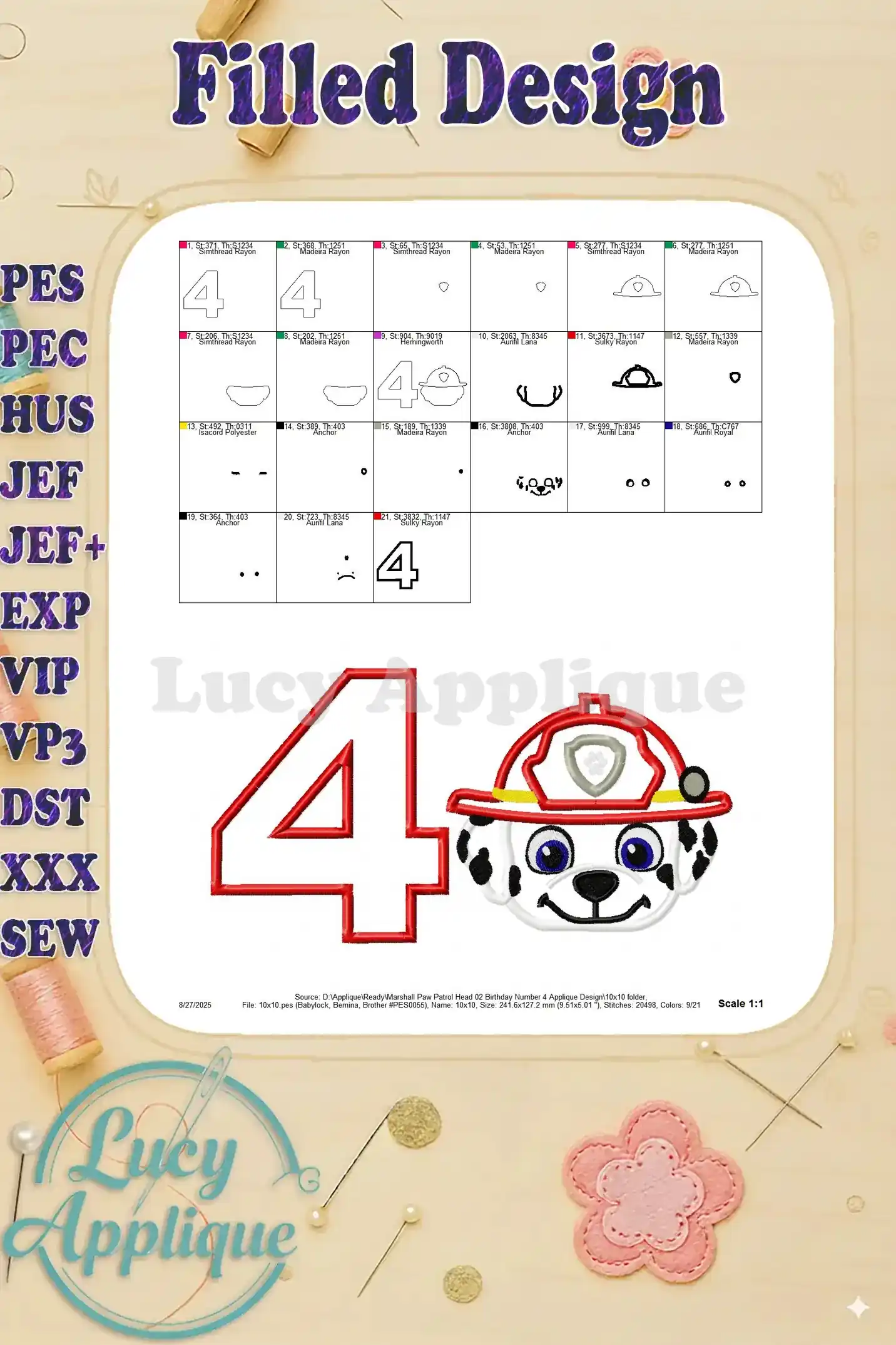 Filled design showing the complete layout for the applique, useful for planning and placement before starting the embroidery process.