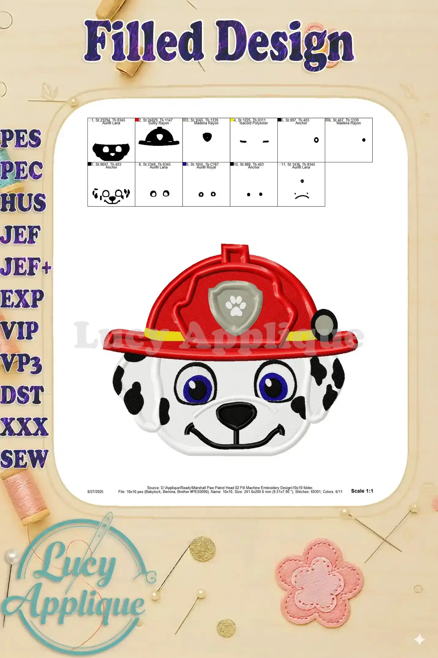 Detailed view of the completed Marshall Paw Patrol embroidery design, showing the final scale and stitches. High-quality, filled design.