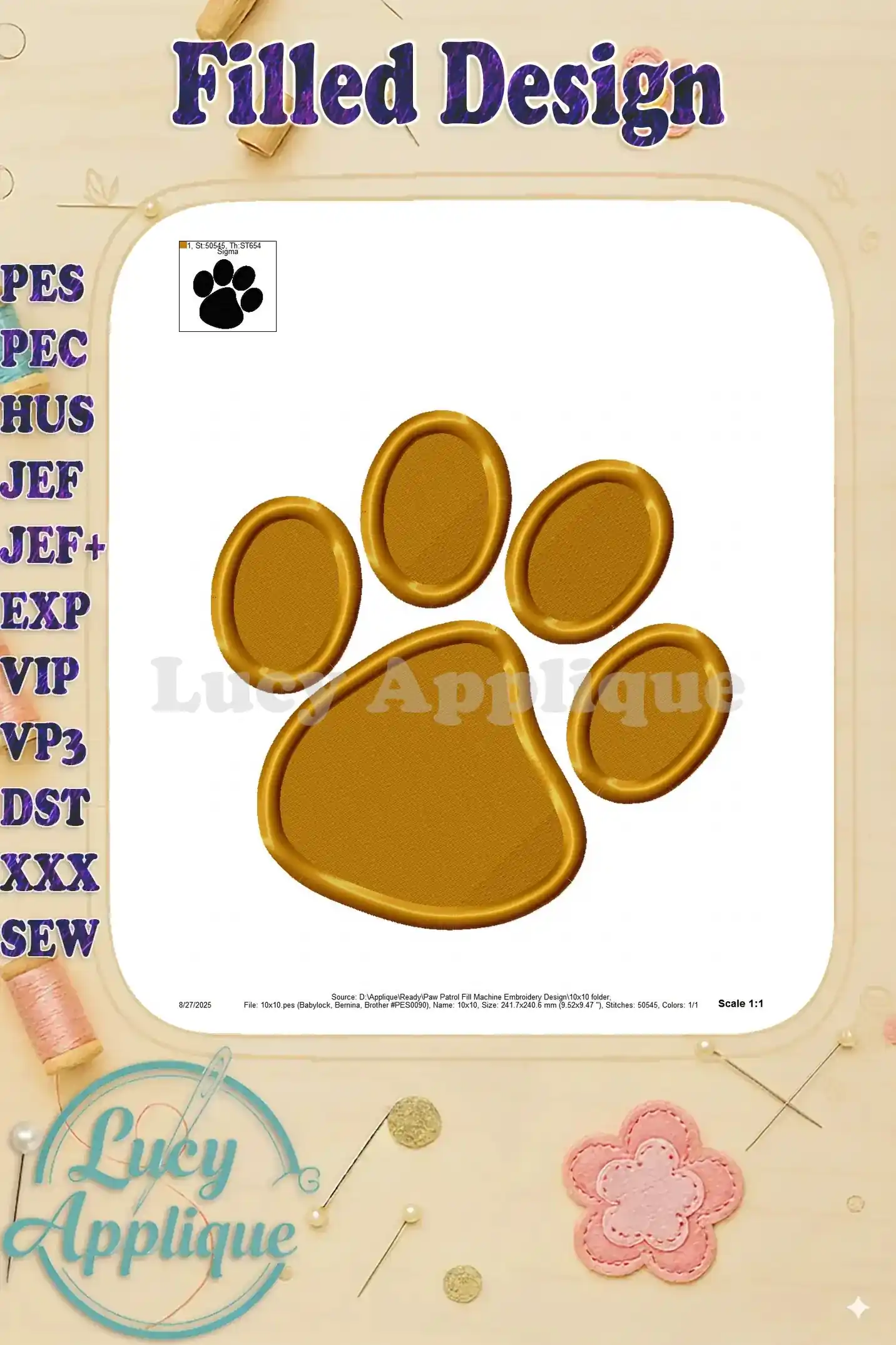 A filled embroidery design of a Paw Patrol paw print in gold, shown on a white background. The design is surrounded by a decorative border. Scale is 1:1.