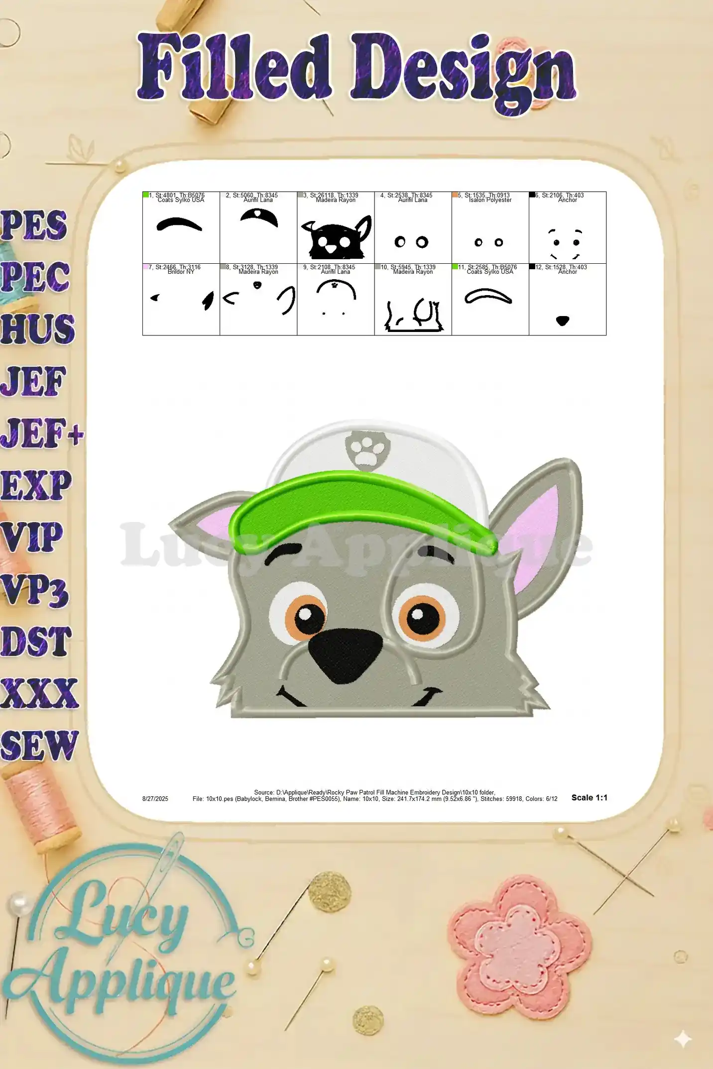 Detailed embroidery design of Rocky from Paw Patrol, showcasing the complete design with stitch details and scale information. This image is useful for accurate placement and stitching.