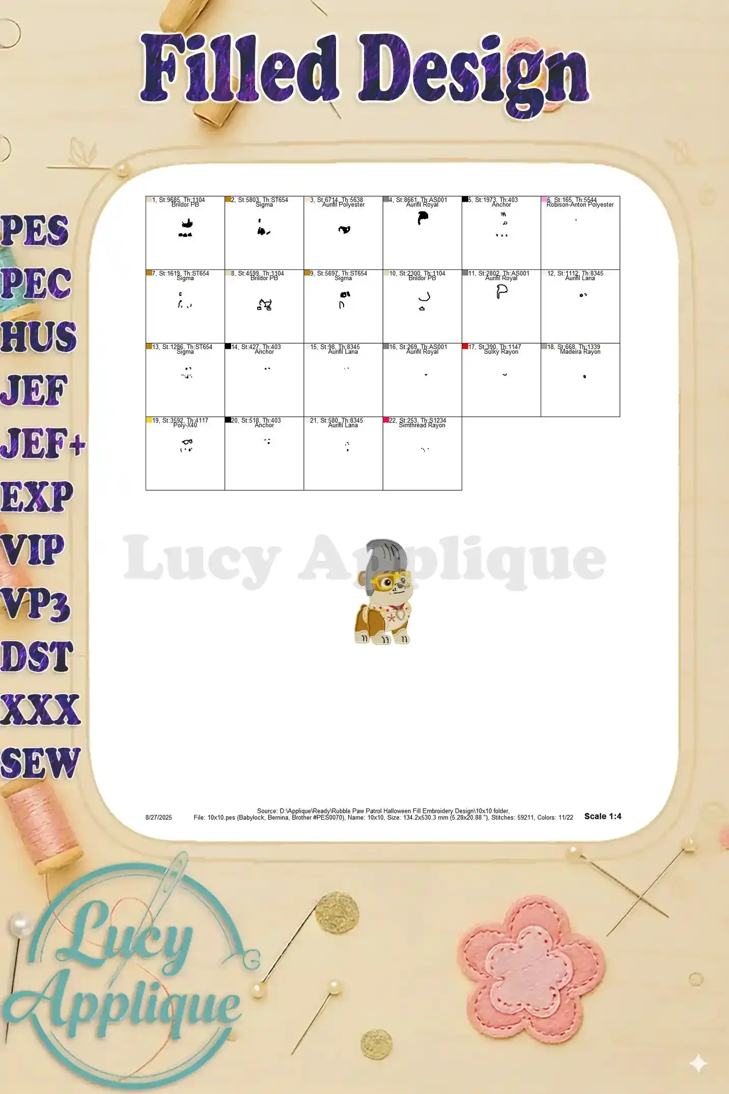 Detailed thread chart for the Rubble Halloween embroidery design, showing thread color codes and placement on the design.