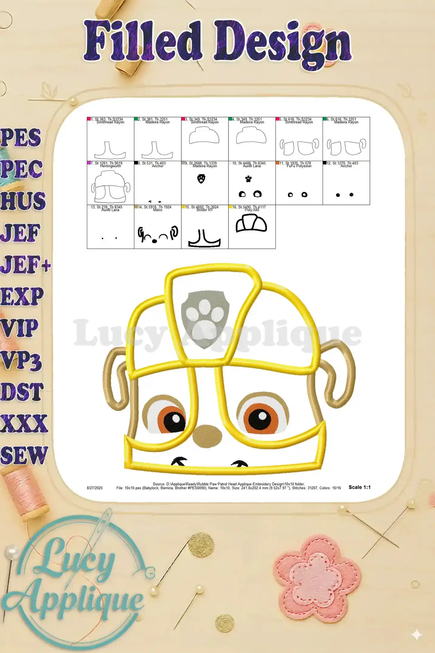 Finished filled design of Rubble's head, showcasing the completed embroidery design from multiple angles.