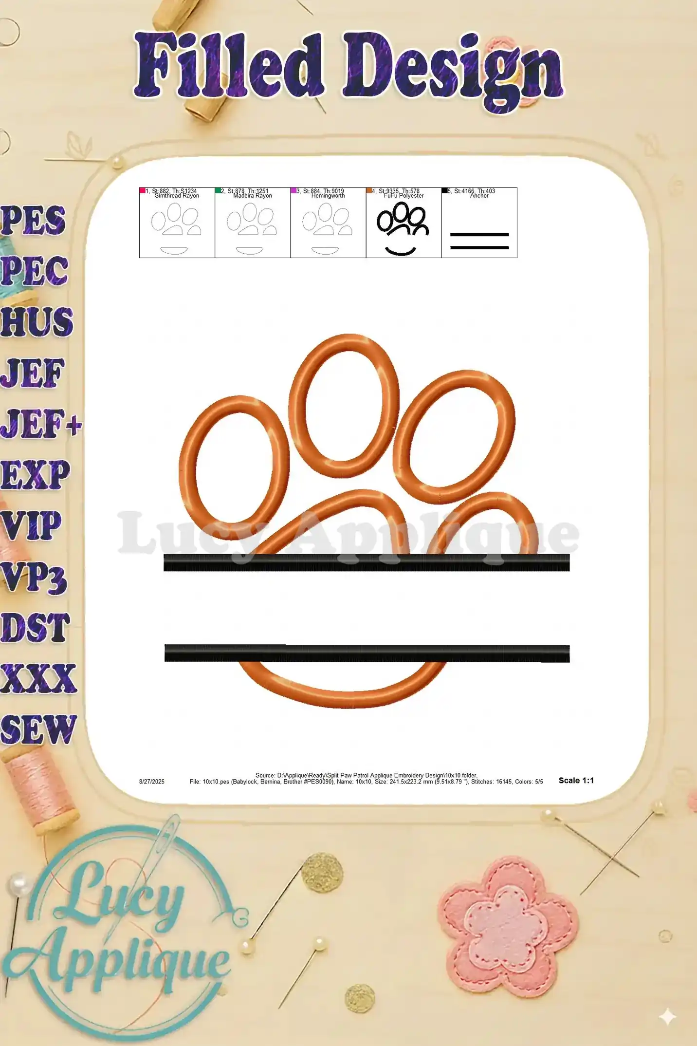 Filled design image of the Split Paw Patrol applique embroidery design showing the completed paw print.