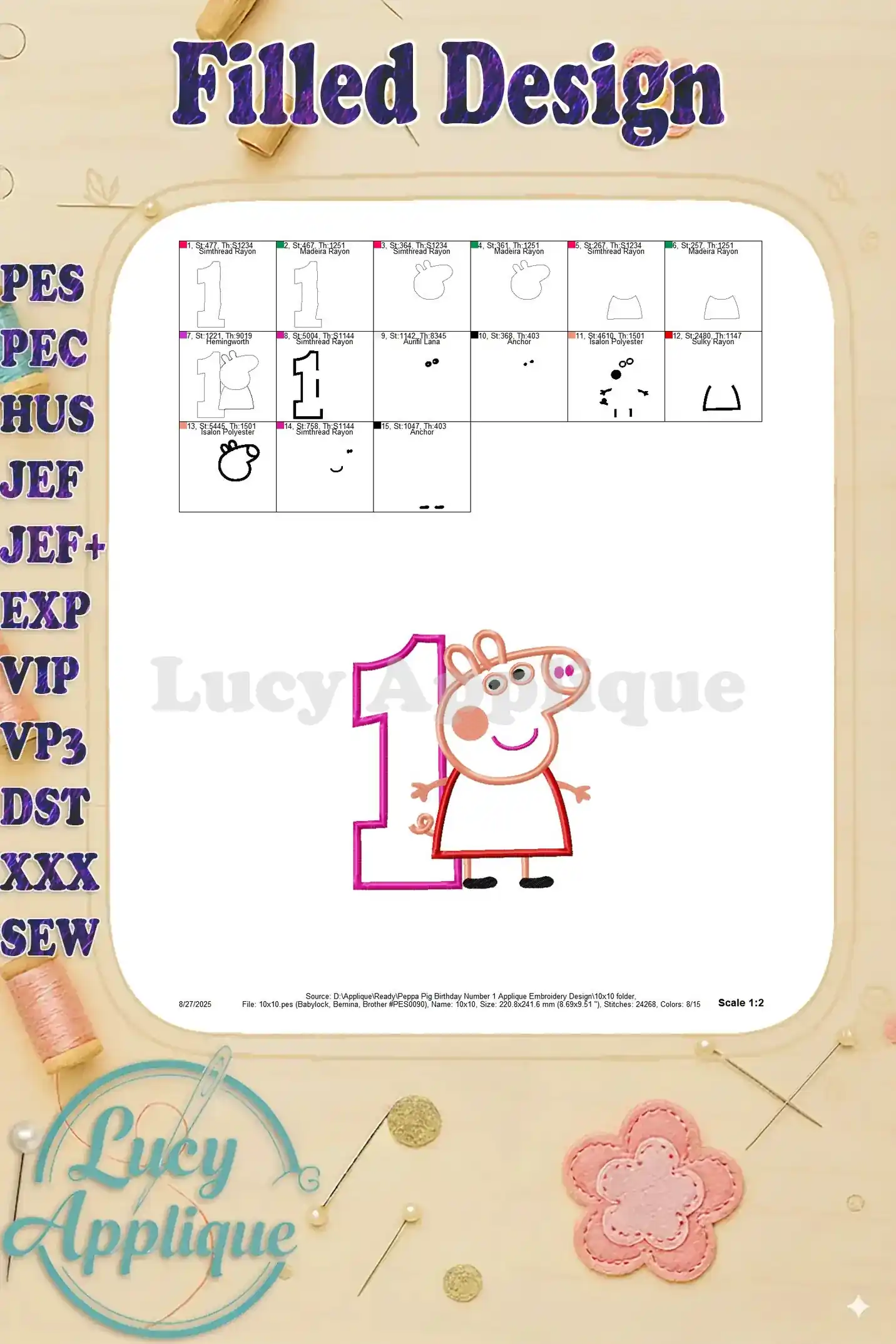 Filled design image of the Peppa Pig first birthday embroidery, showing the completed design with all elements stitched, ready for use in sewing and crafting projects.