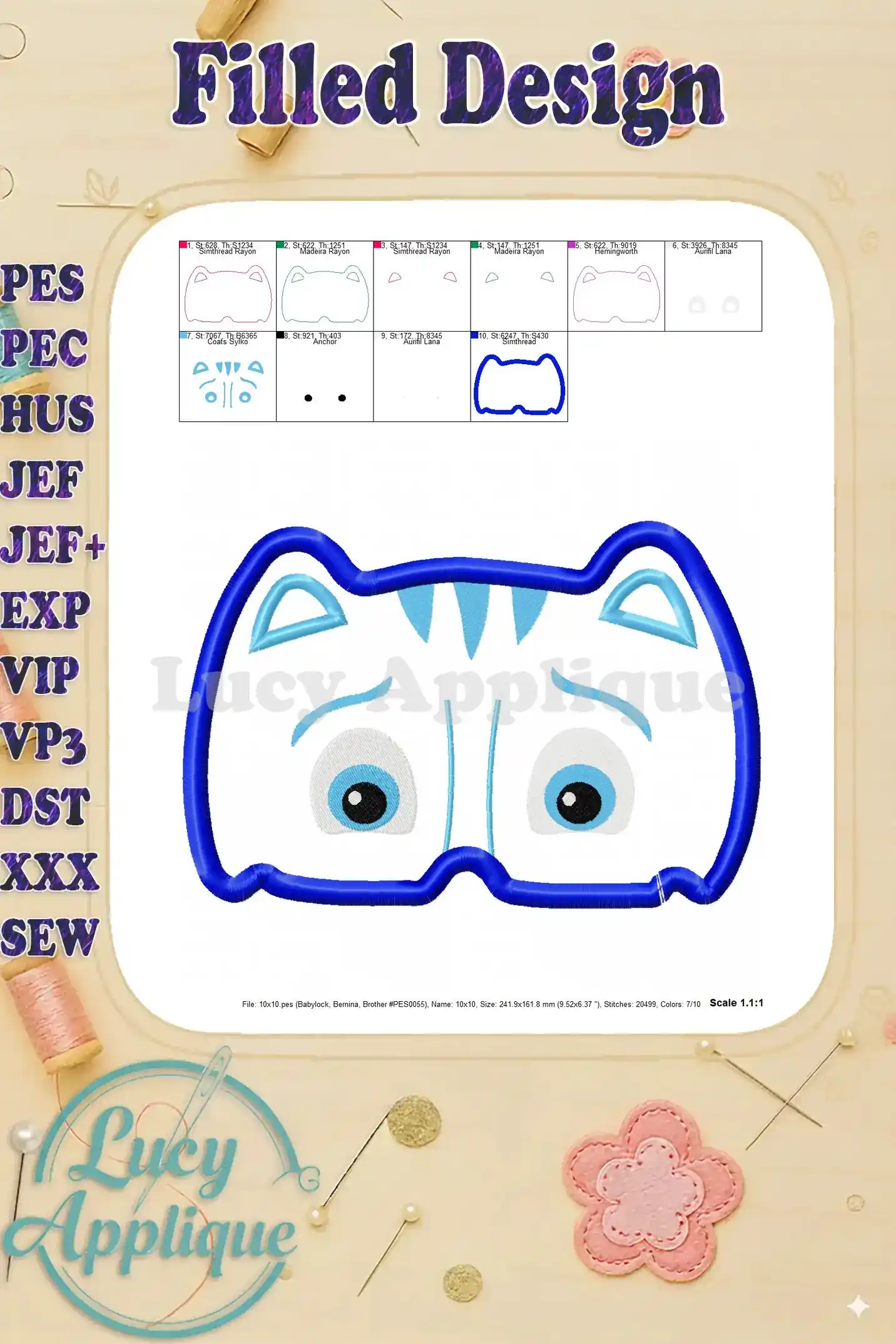 Filled design image of the Catboy applique, showing the finished look. This preview gives a clear idea of the final embroidered product.