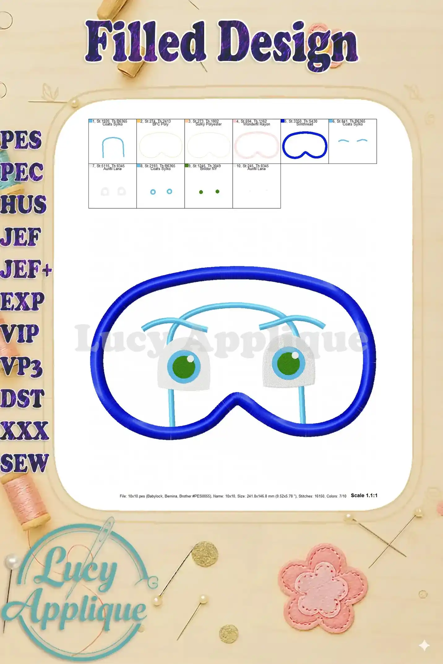 Filled design version of the Night Ninja sleeping mask applique. Shows a completed view with all the colors filled in.