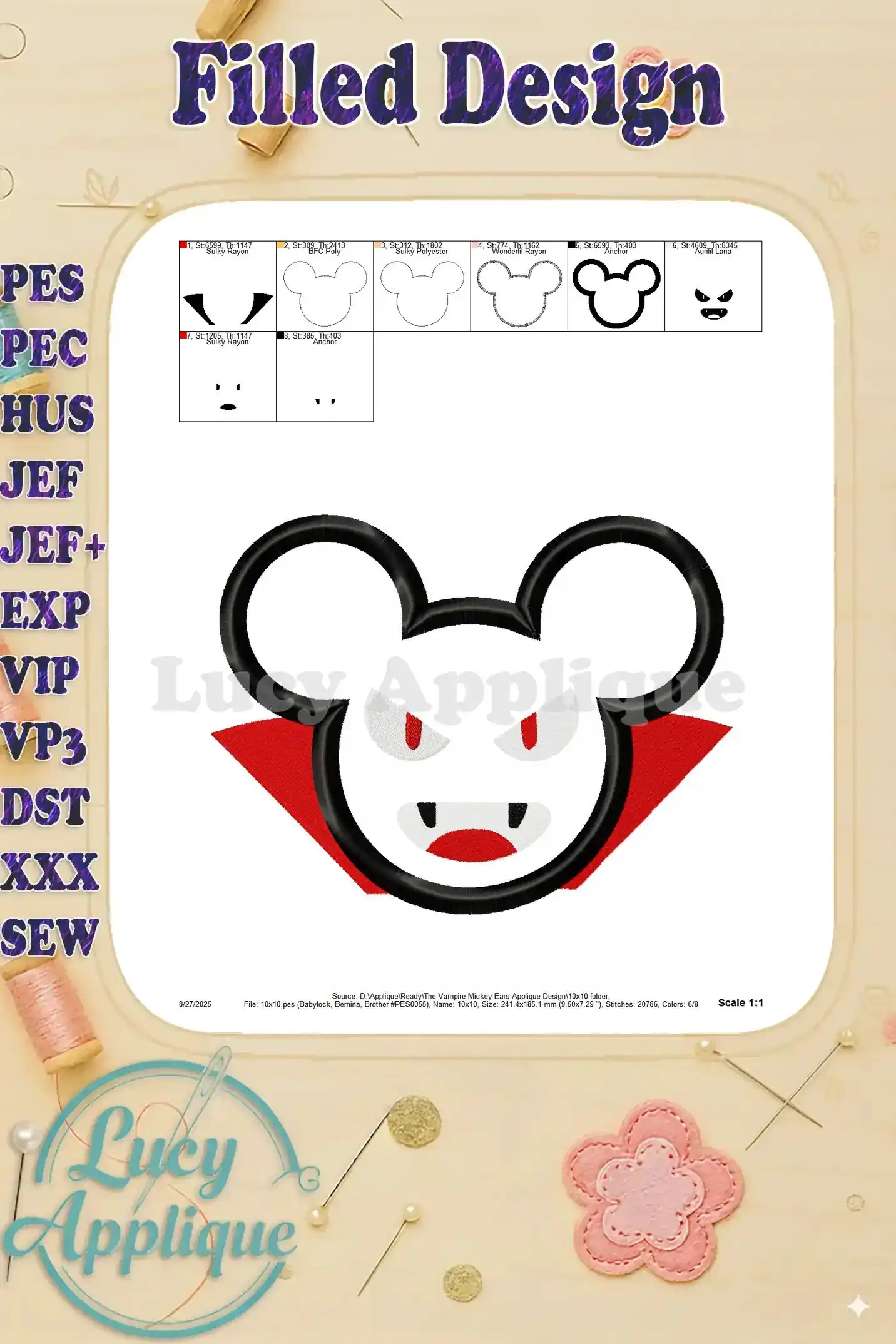 A filled design illustration of the Vampire Mickey Mouse applique, showcasing the completed design with all colors and details, offering a preview of the finished product.