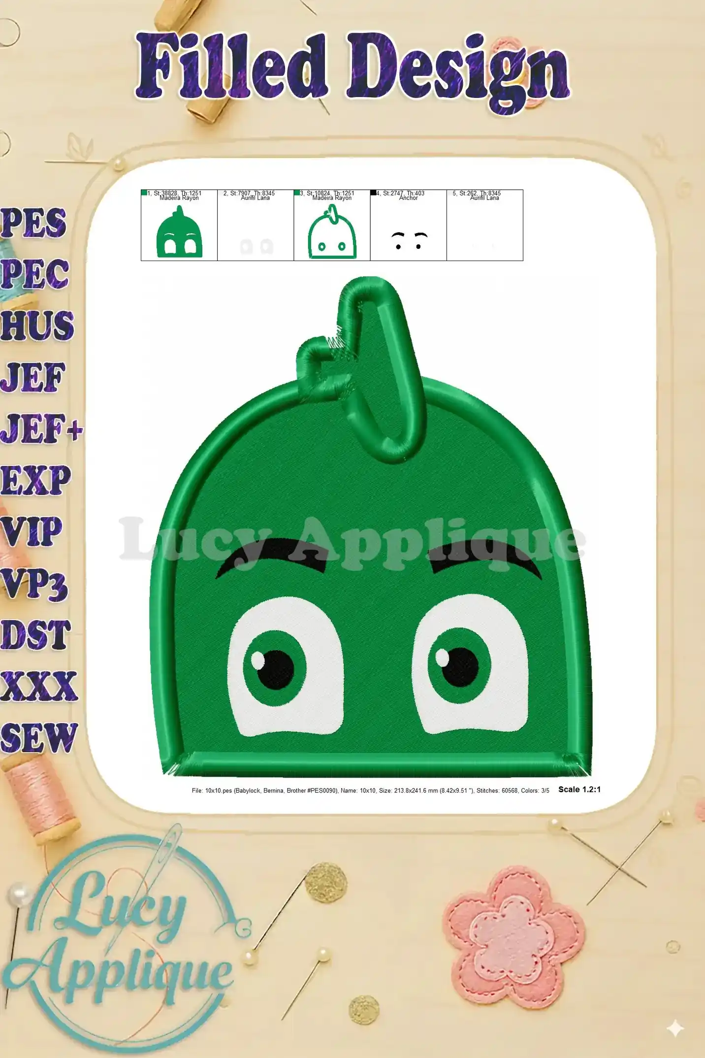 Close-up view of the completed Gekko PJ Masks embroidery design, highlighting the filled stitch details and color accuracy. Shows the final look of the design.