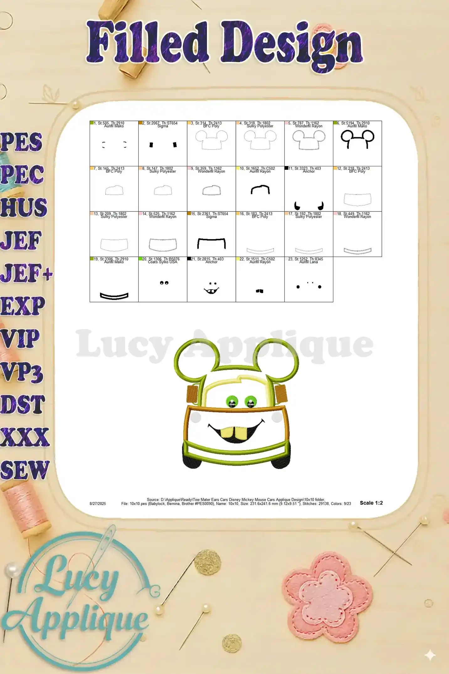 Filled design of Tow Mater with Mickey Mouse ears, showcasing the completed embroidery design with color details. Scale is provided.