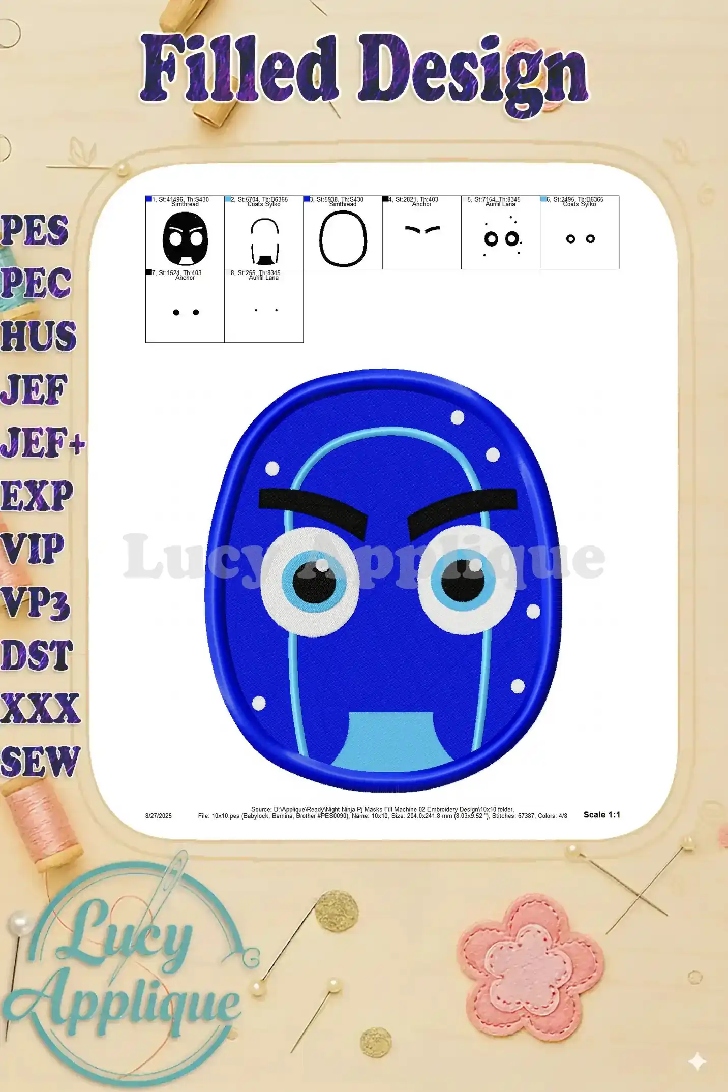 Embroidery design of Night Ninja from PJ Masks. The image shows different sections of the design, color chart, and other details for the embroidery process.