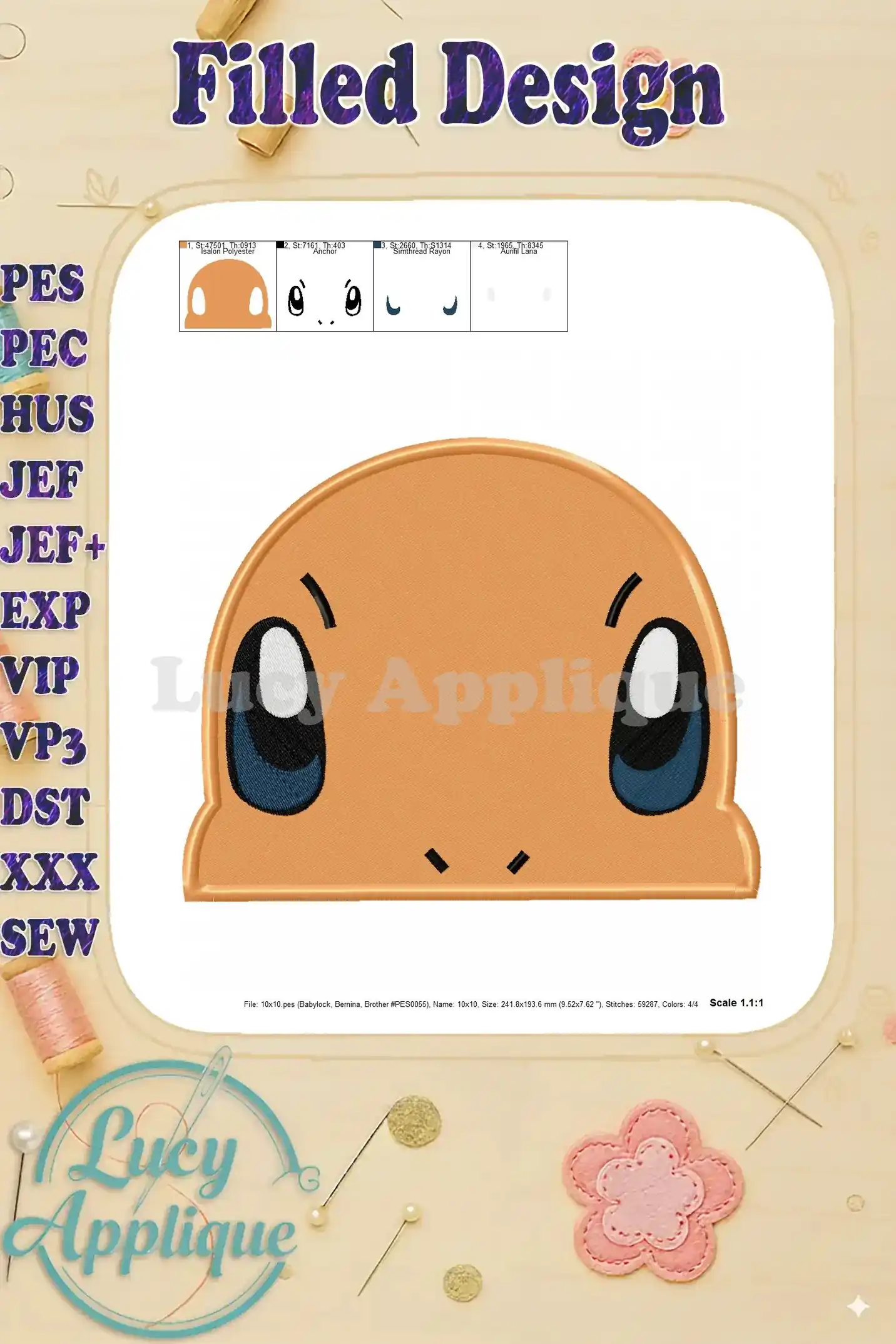 A detailed view of the Charmander embroidery design, showcasing the individual elements and stitch types used.