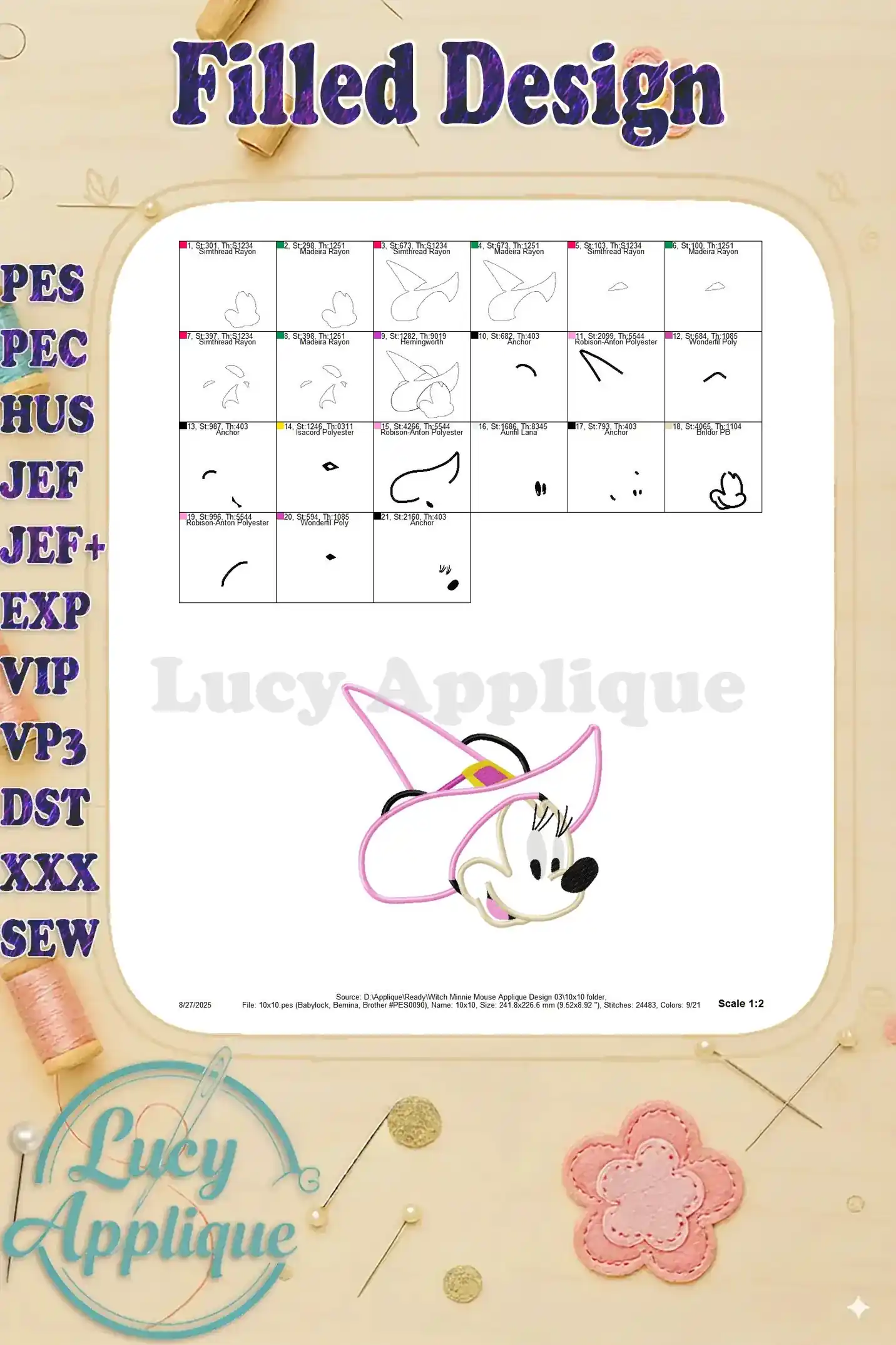 A filled design showing the completed Witch Minnie Mouse applique design. The image shows the design's overall look and the final stitched result.