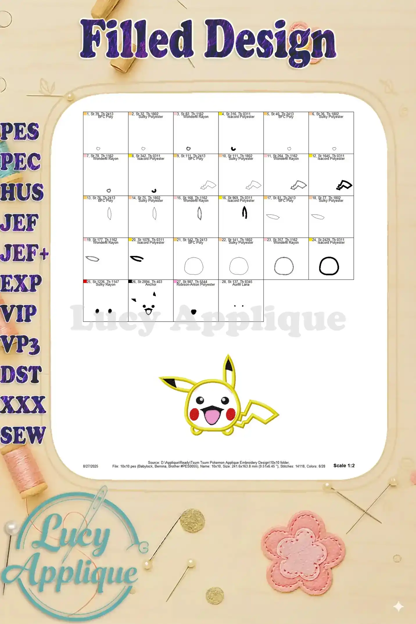 Filled design of the Tsum Tsum Pikachu, showing the completed embroidery with all colors and details.