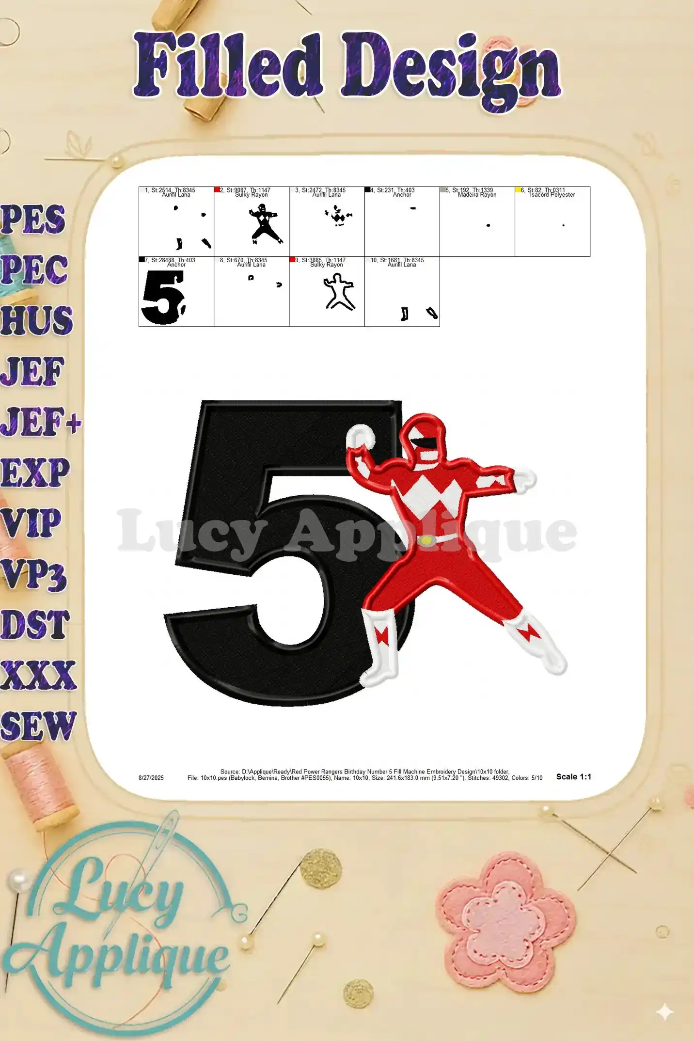 A detailed view of the final embroidery design, along with the color chart and other design specifications.