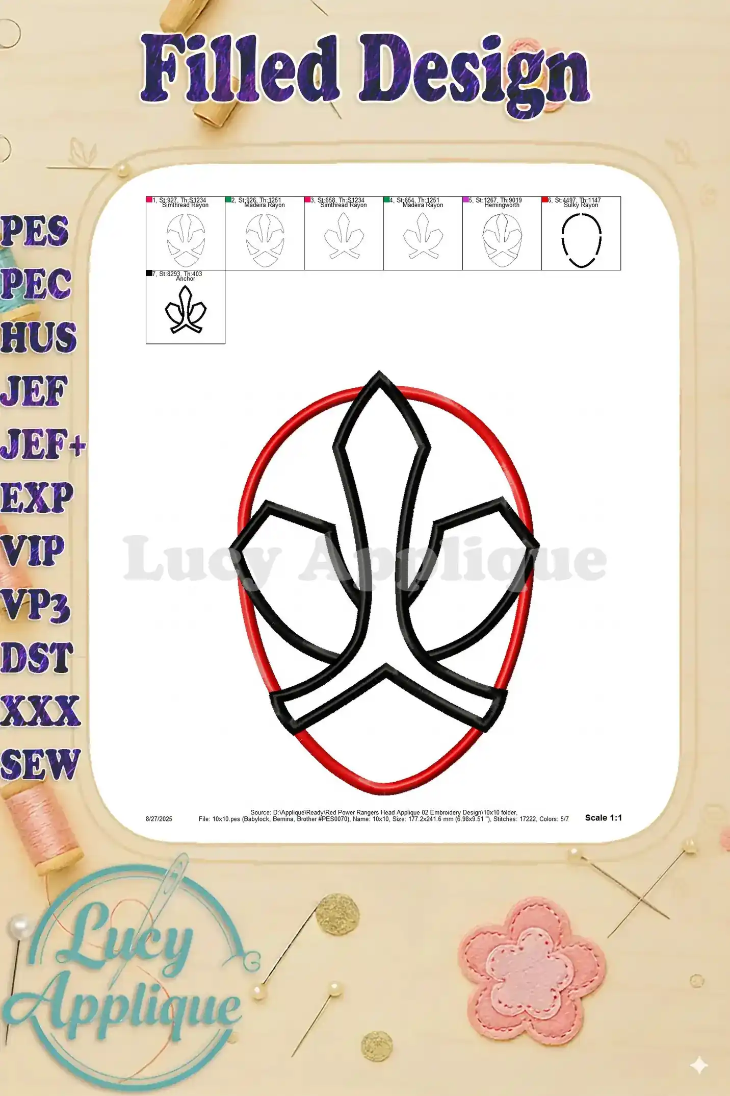 A filled design showing the completed Red Power Rangers head applique embroidery design, showcasing the final product's look and feel.