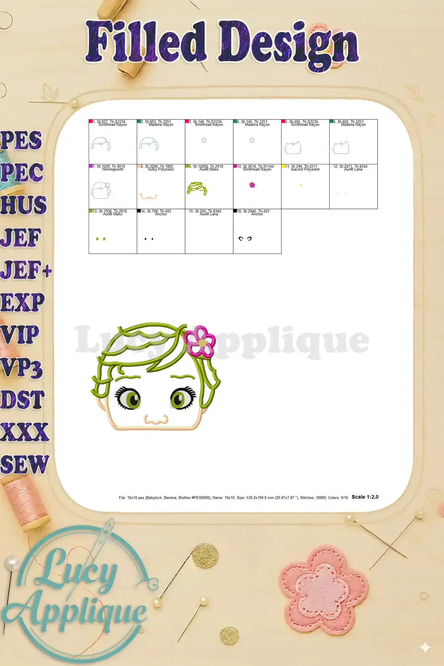 Filled design image showing a completed Baby Moana head applique, highlighting the finished look and stitch quality.