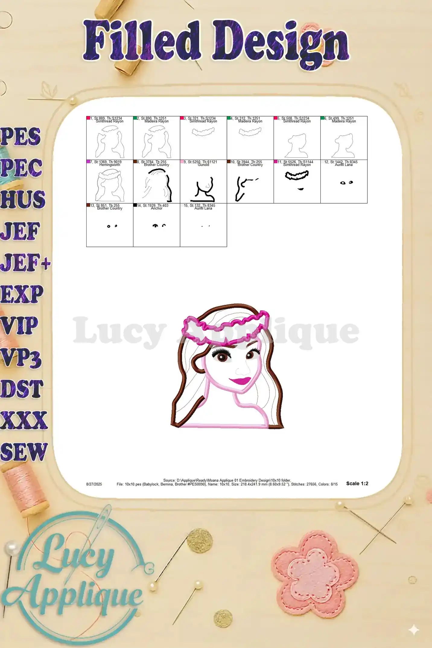 Filled design image of the Moana applique embroidery, showcasing the completed design with all the colors and details filled in.