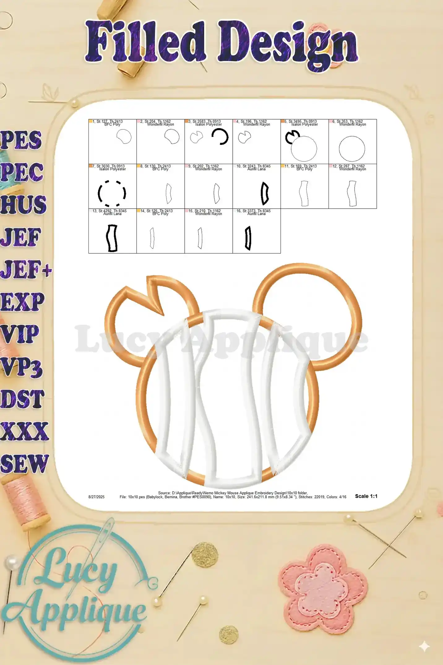 Filled design image showing a completed Nemo Mickey Mouse applique embroidery design, indicating the final look after stitching.