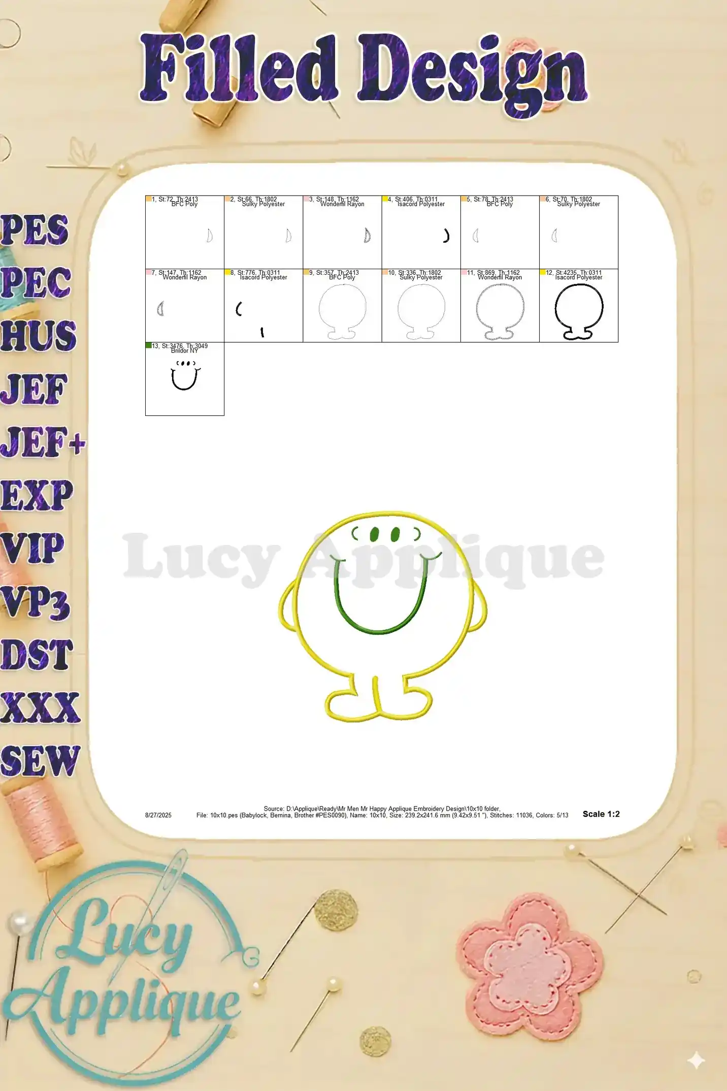 Filled design version of Mr. Happy applique embroidery showing the final stitched product with color chart included.