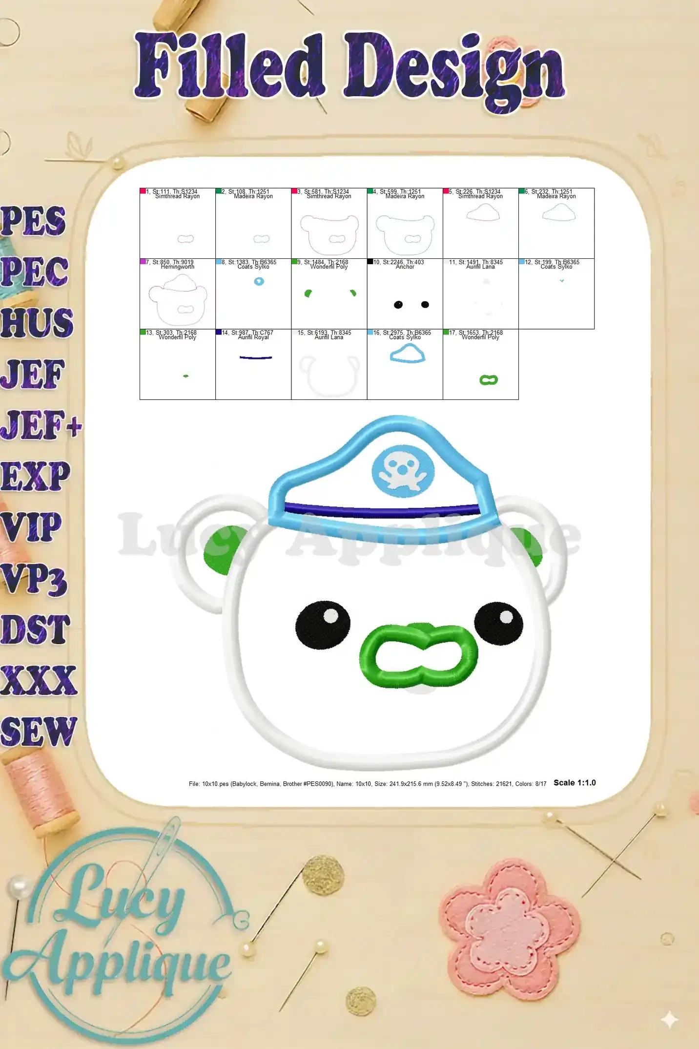 Filled design of the Bear Octonauts applique, showcasing the completed embroidery. Shows the design's final look after stitching.