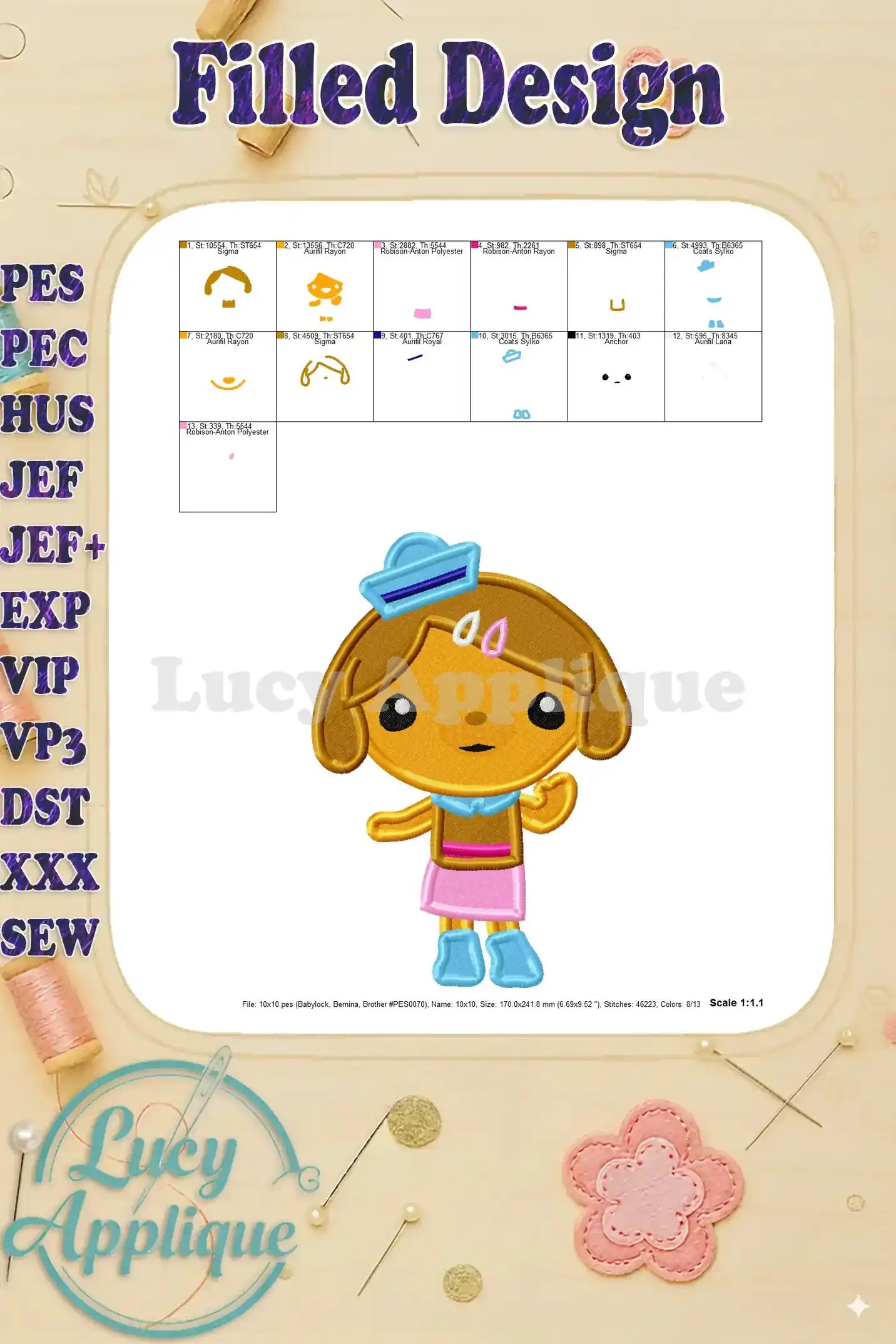 Detailed view of the Dashi embroidery design, along with thread details and machine specifications. This image helps in planning your embroidery project.