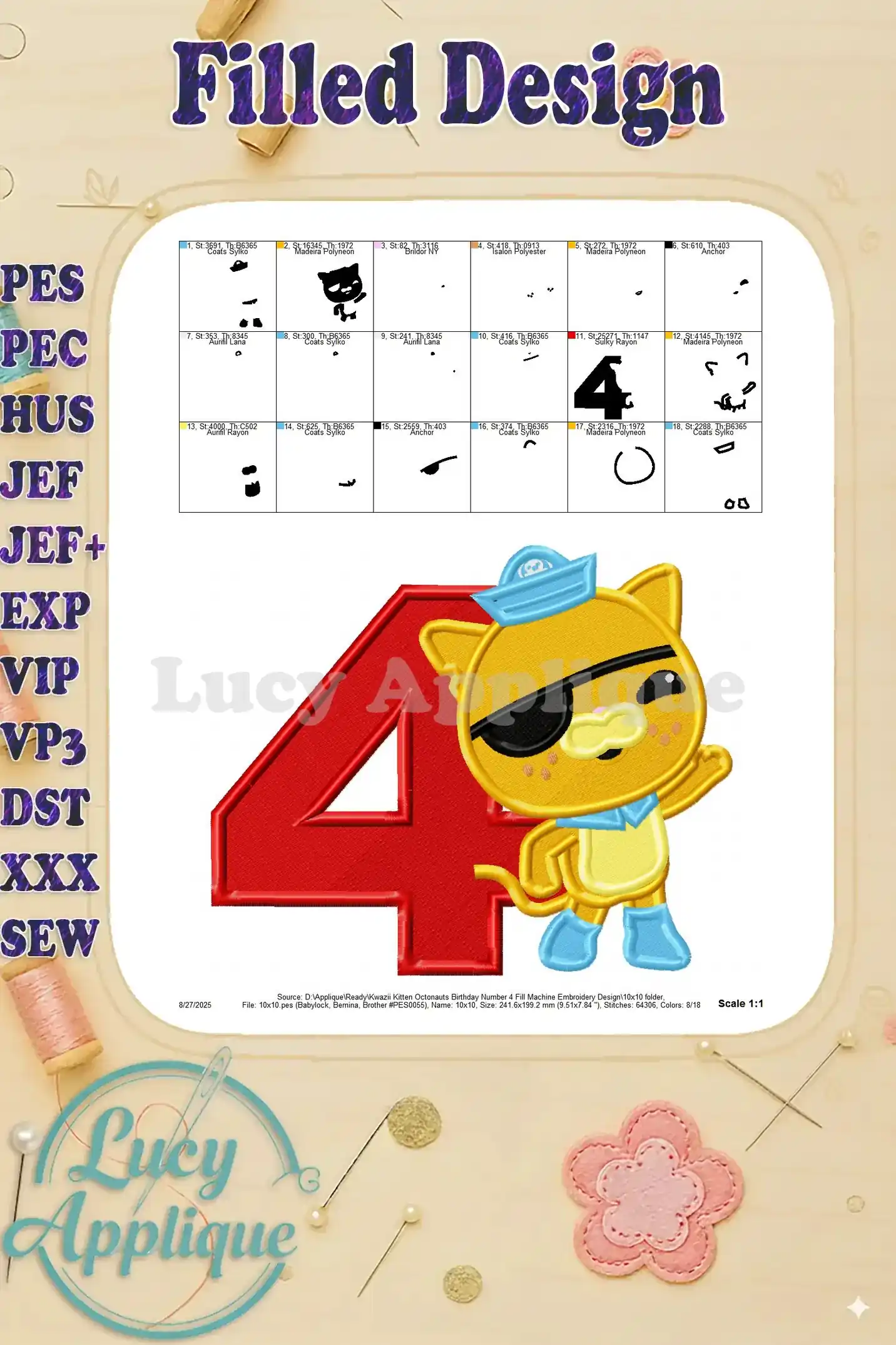 A full-size view of the Kwazii Kitten Octonauts birthday embroidery design, showing the completed design at a 1:1 scale.