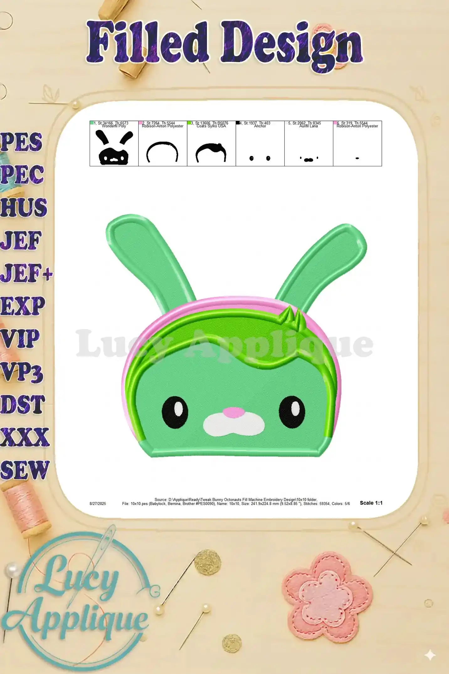 Detailed view of the individual design elements for the Tweak Bunny embroidery design, showing the different sections and stitch types.
