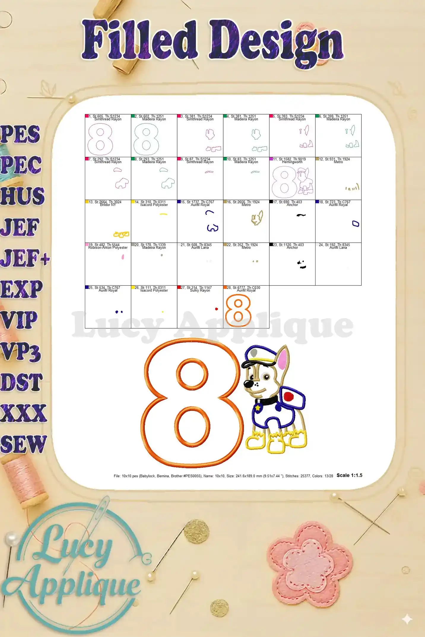 Filled design showing different size options for the Chase Paw Patrol birthday number 8 applique embroidery design.