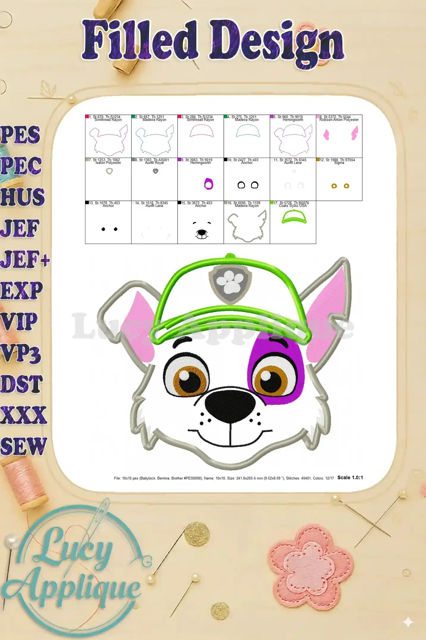 Filled design image for Rocky's face from Paw Patrol, showing a complete view of the finished product.