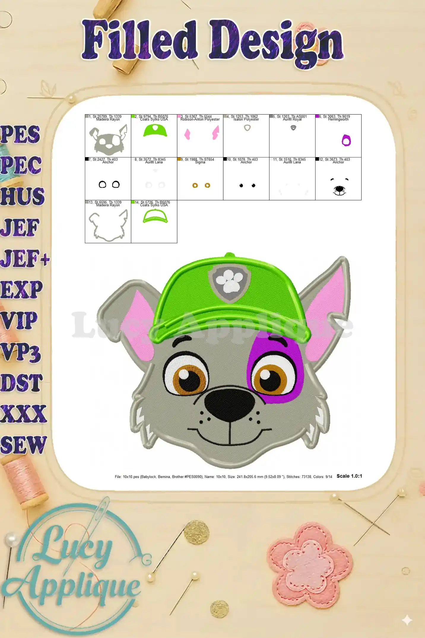 Detailed color chart for the embroidery design of Rocky, showing the color codes for each thread used and the manufacturer's name.