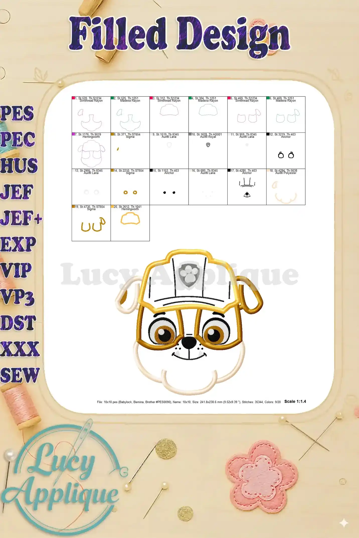 Filled design image for the Rubble applique embroidery design, showing the completed look. Detailed stitch information included.