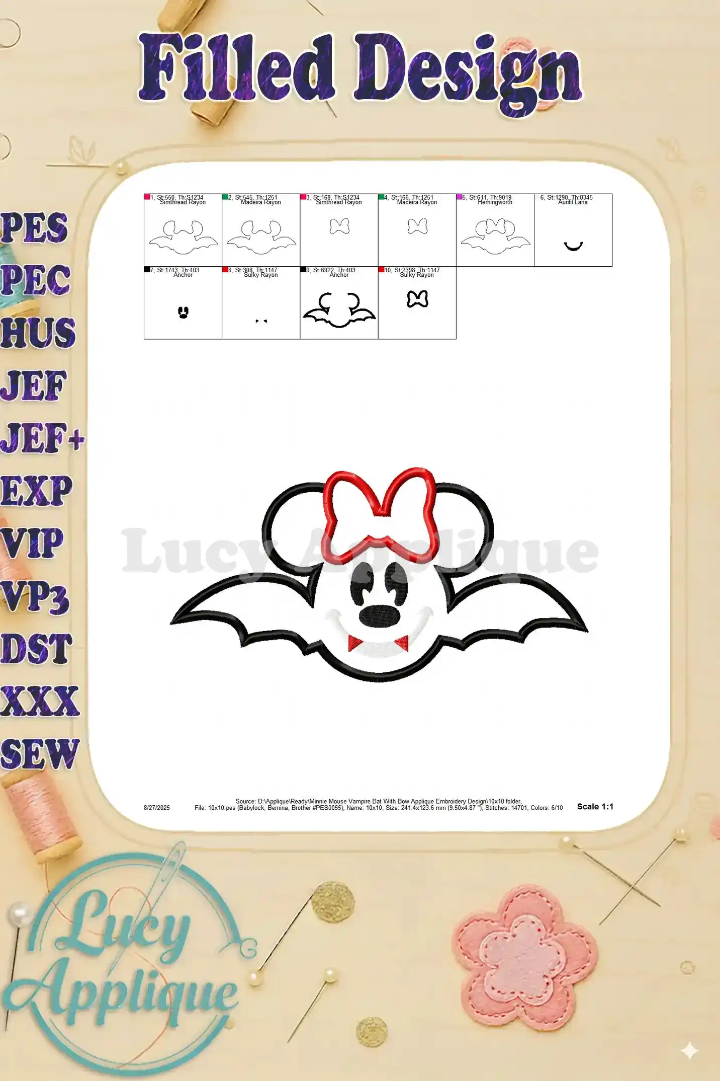 Filled design image showcasing the Minnie Mouse Vampire Bat applique. Shows the completed design with all the colors and details.